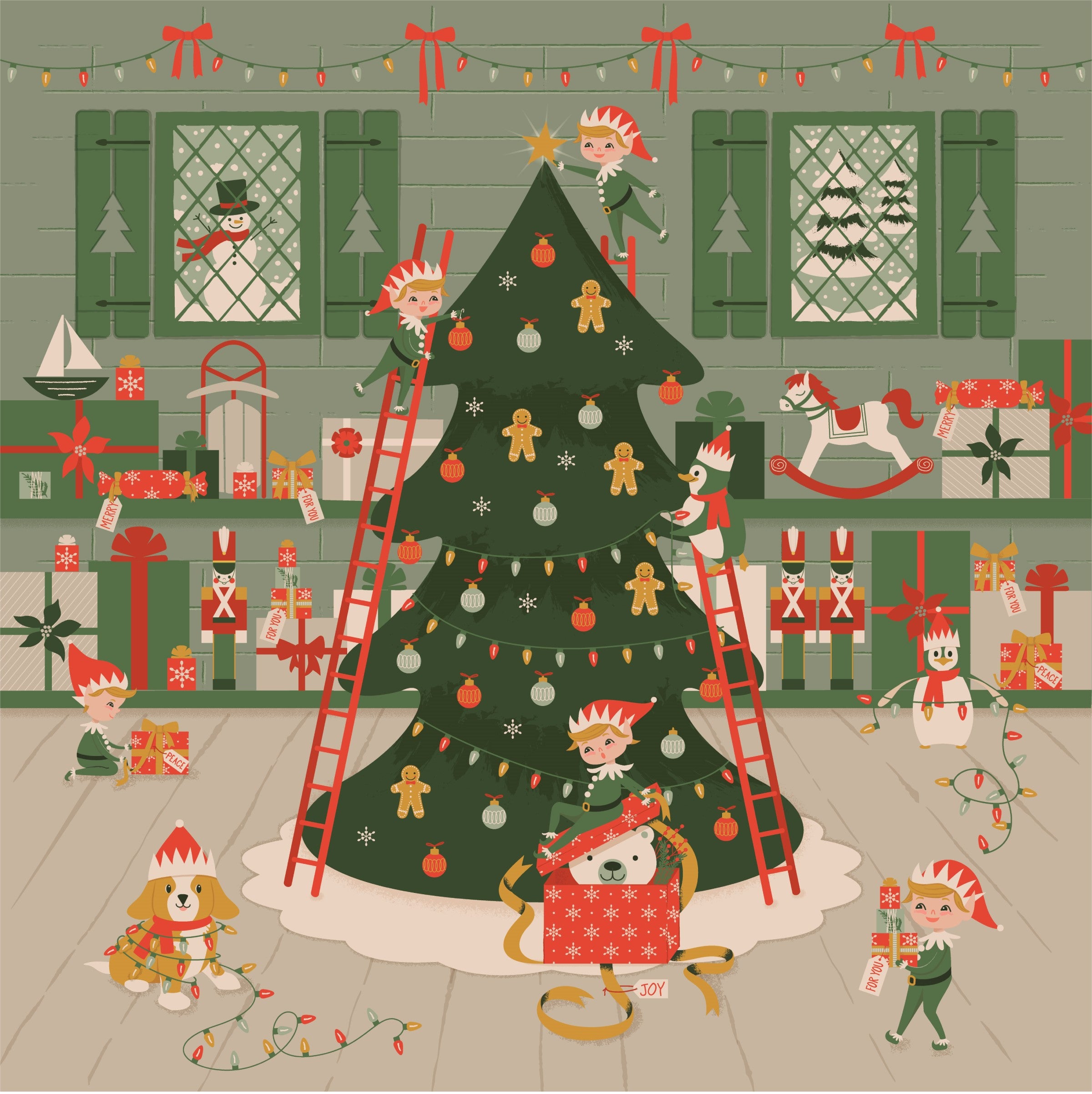 An illustrated advent calendar depicting a festive scene with a Christmas tree, children on ladders decorating the tree, and various Christmas decorations around the room.