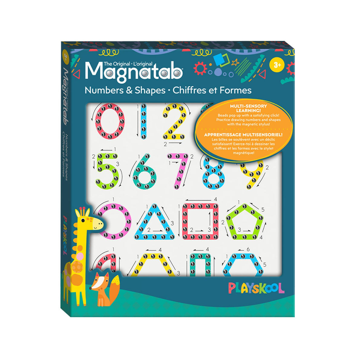 Packaging for 'Numbers & Shapes Magnatab' featuring a colorful design with numbers and shapes, and a magnetic stylus.