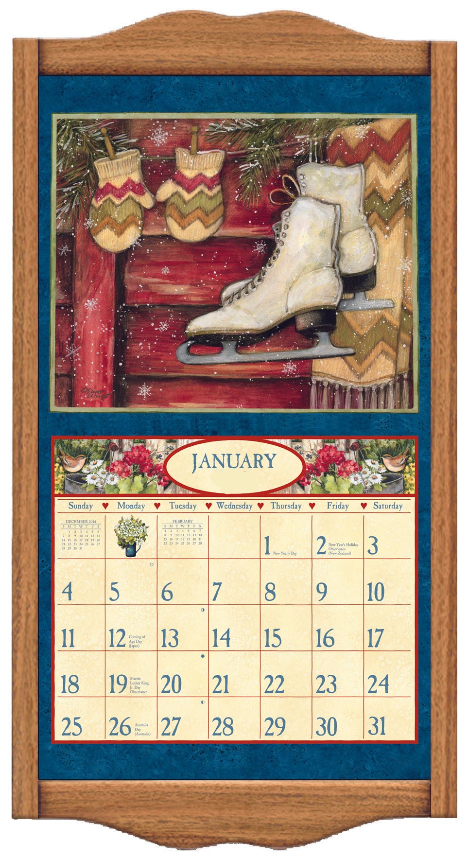 An oak wooden calendar frame featuring a January page with calendar numbers and a decorative border, along with a representation of ice skates.