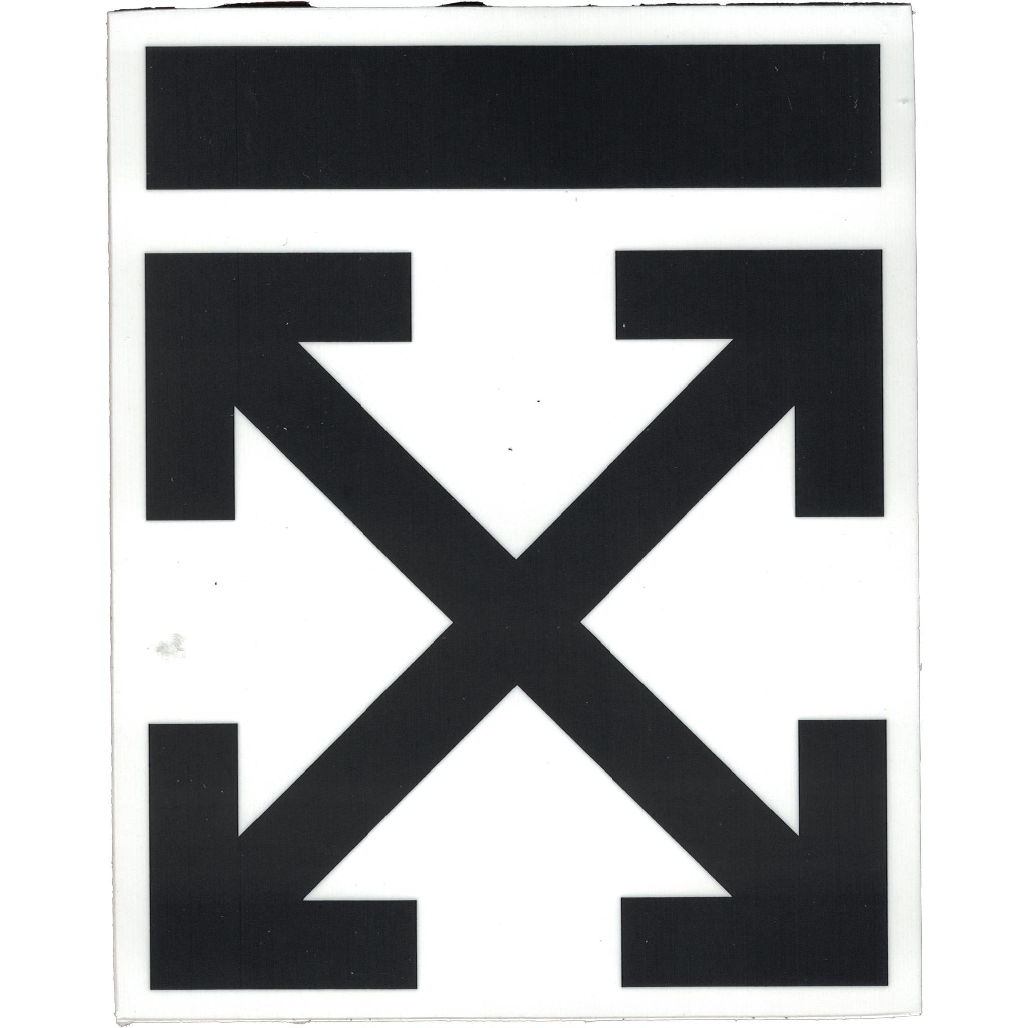 A vinyl sticker featuring the Off White brand logo, which is a black diagonal line arrow design on a white background.