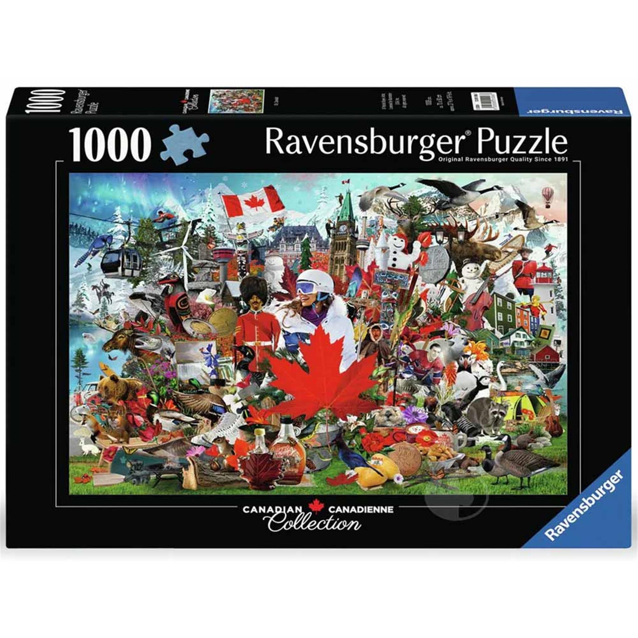 A 1000 piece Ravensburger jigsaw puzzle box featuring a vibrant and illustrated scene with many Canadian symbols and figures.