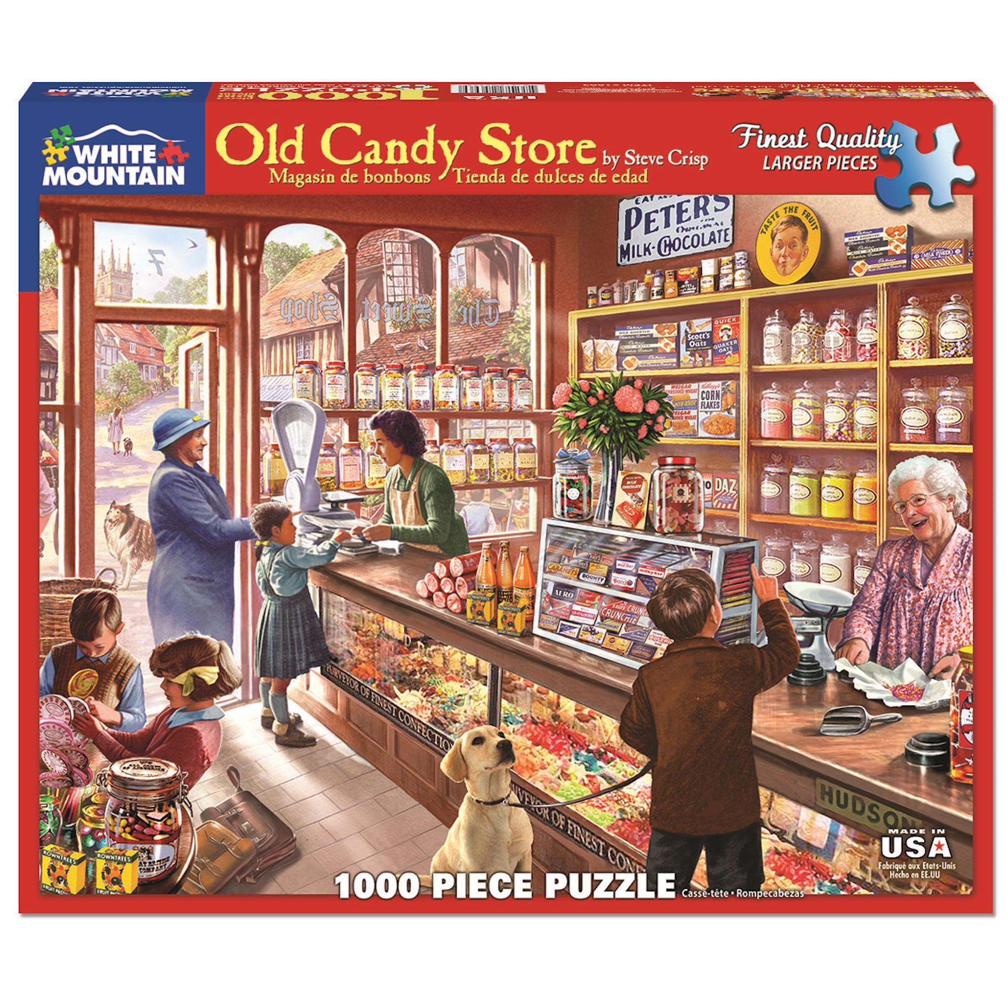 A 1000 piece jigsaw puzzle depicting a nostalgic old candy store scene with a woman behind the counter, a dog, and several customers including a child.