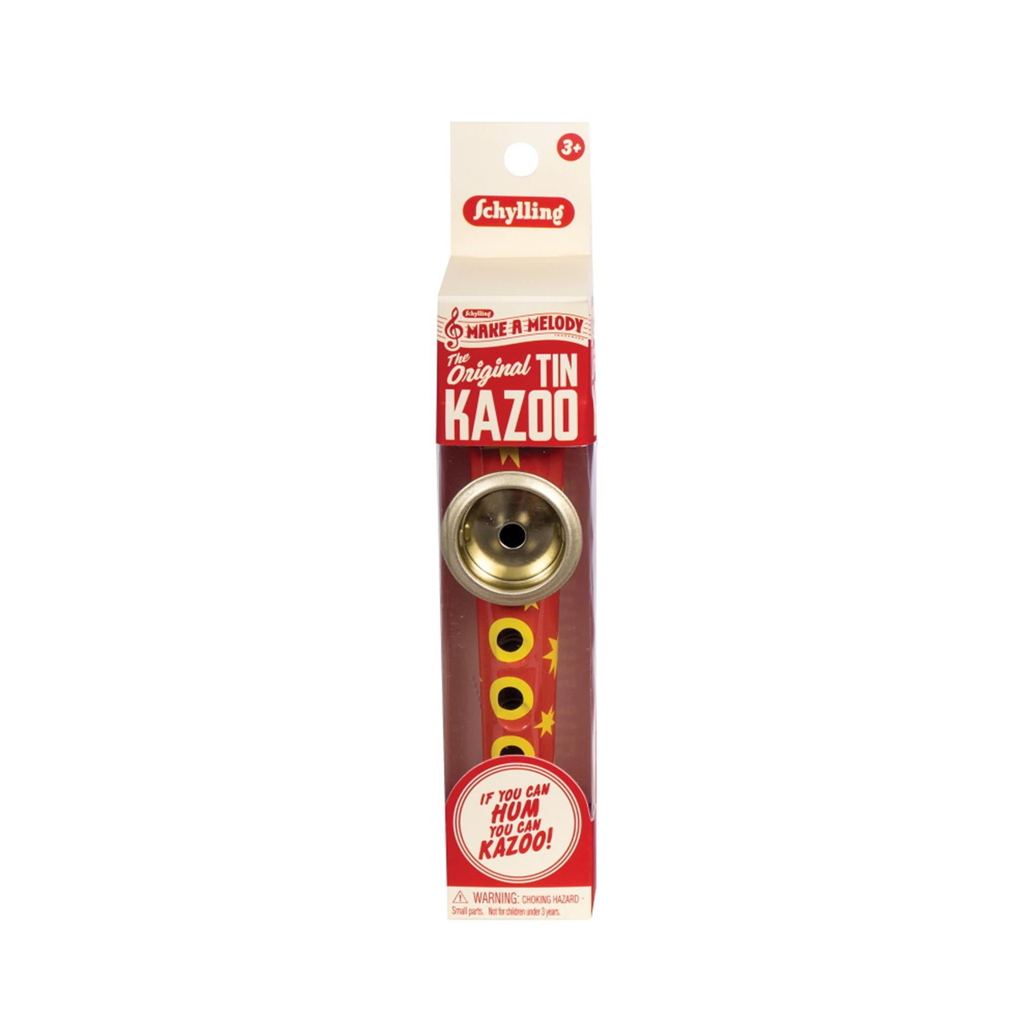 Packaging of the Original Tin Kazoo Toy with a Kazoo visible through the clear plastic window.