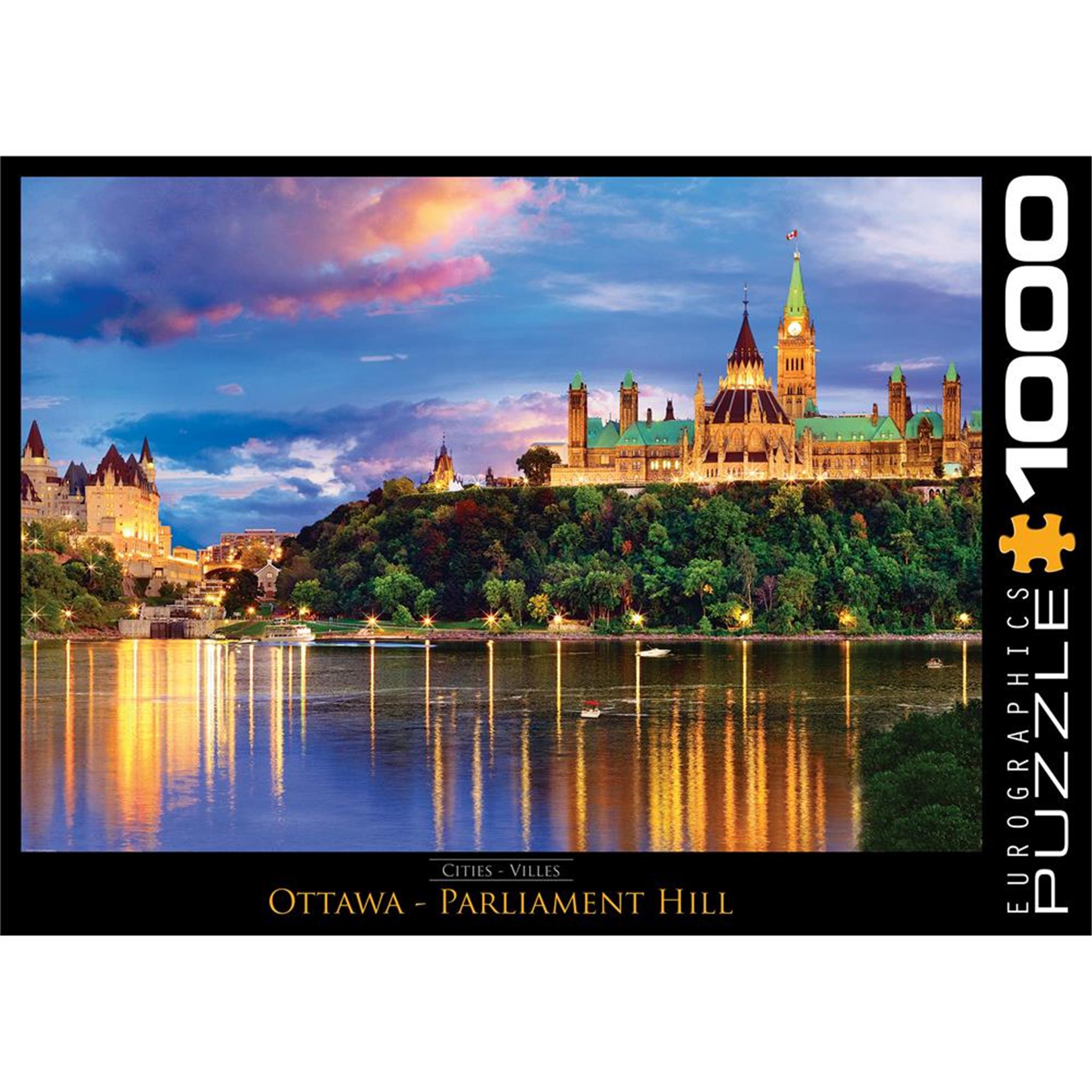 A 1000-piece jigsaw puzzle box featuring an image of Ottawa Parliament Hill reflecting in the water at sunset.