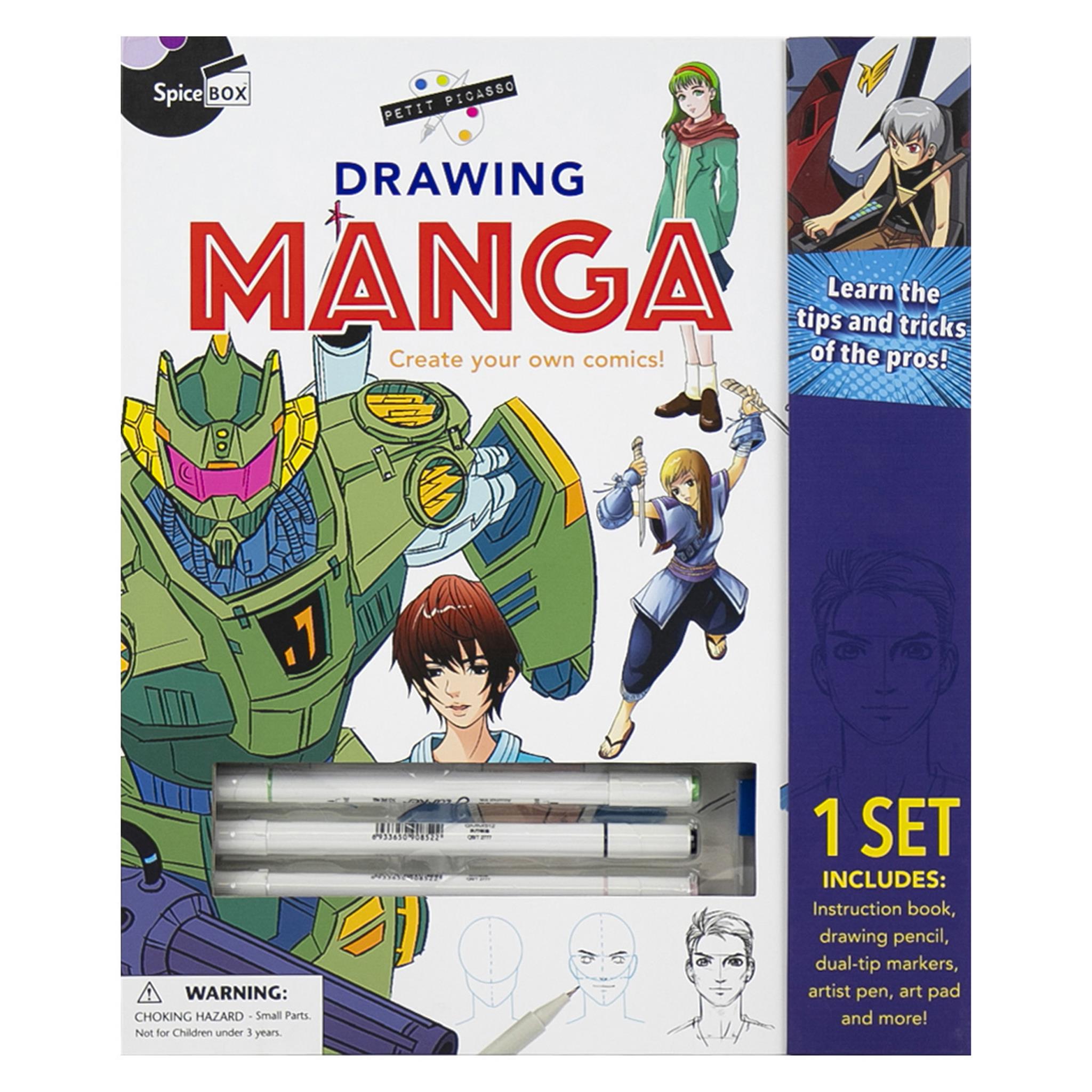 A drawing kit for creating manga comics, including a sketchbook and various drawing tools, with illustrations of manga characters and a robot on the cover.