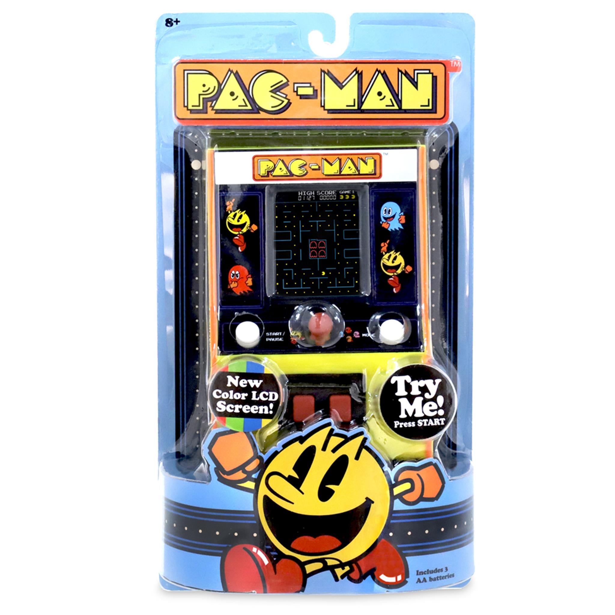 A packaged Pac-Man hand held arcade game featuring the game's iconic character with a yellow color LCD screen.