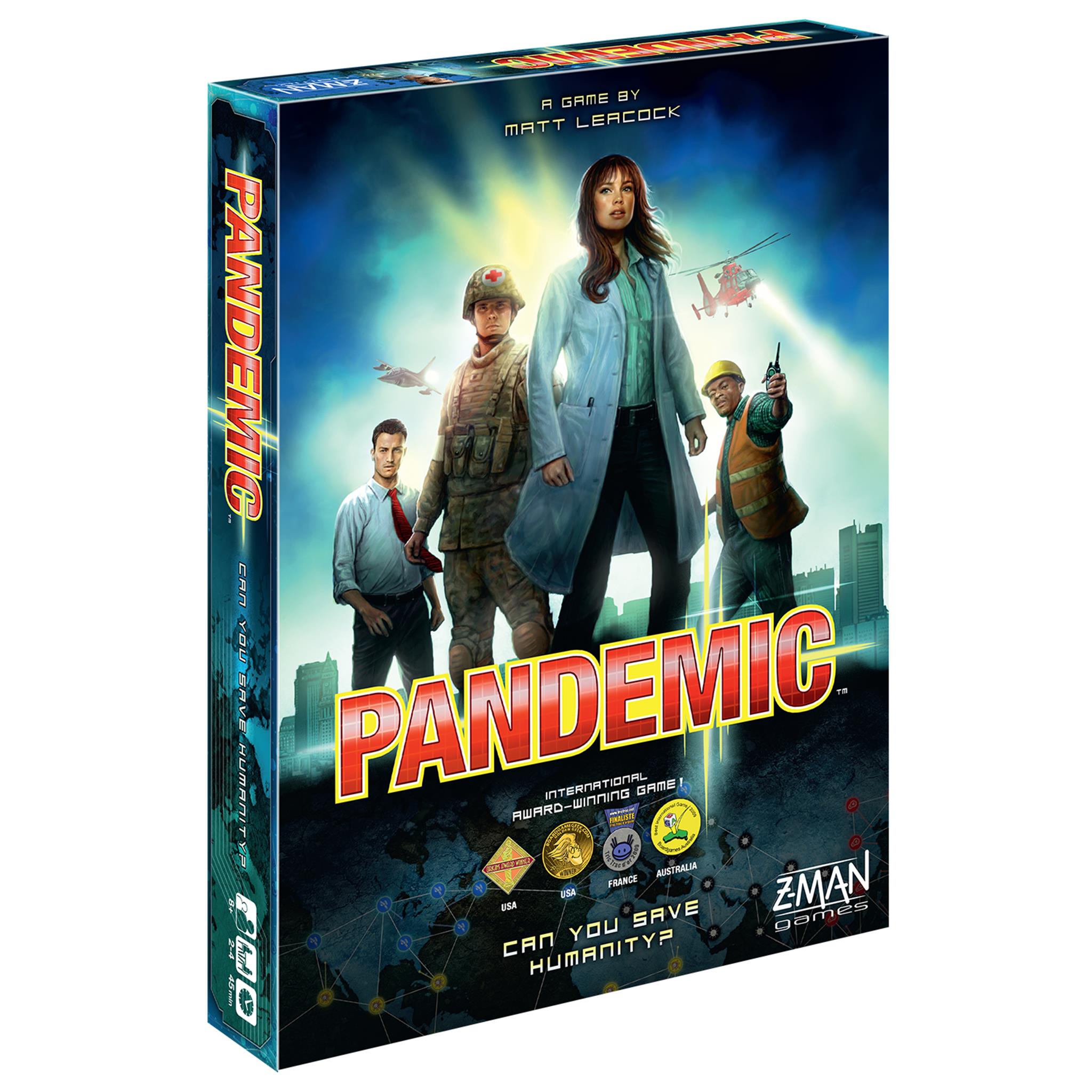 Box cover for the Pandemic Strategy Game featuring images of characters and a cityscape with a biohazard symbol, indicating a disease outbreak theme.