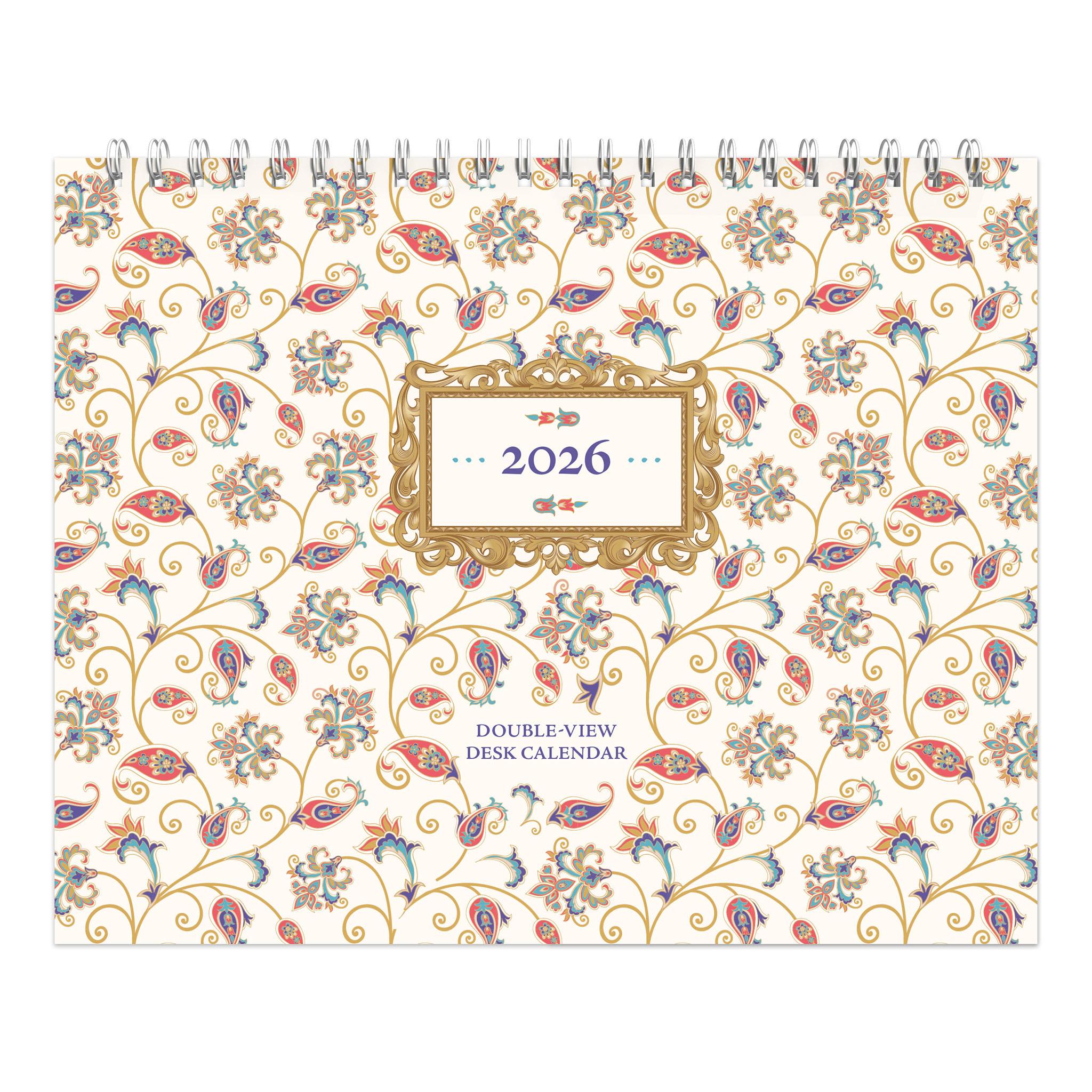 A 2026 easel calendar with a floral pattern and metallic foil details, bound by a wire o binding.