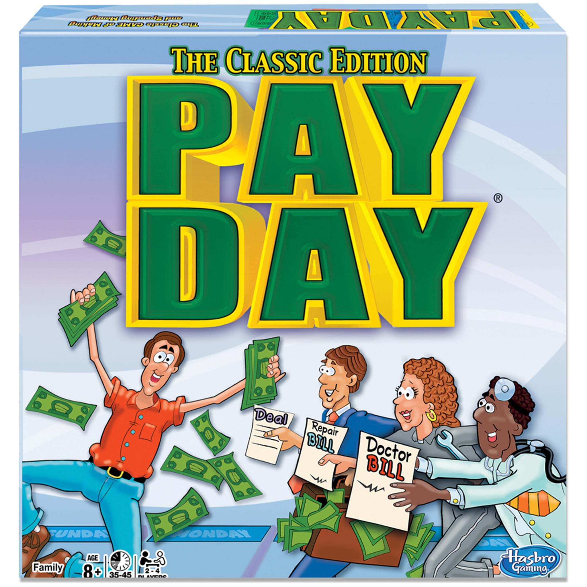 Board game box cover for 'Pay Day' featuring illustrations of players holding money and Celebrating, with the text 'The Classic Edition' at the top.