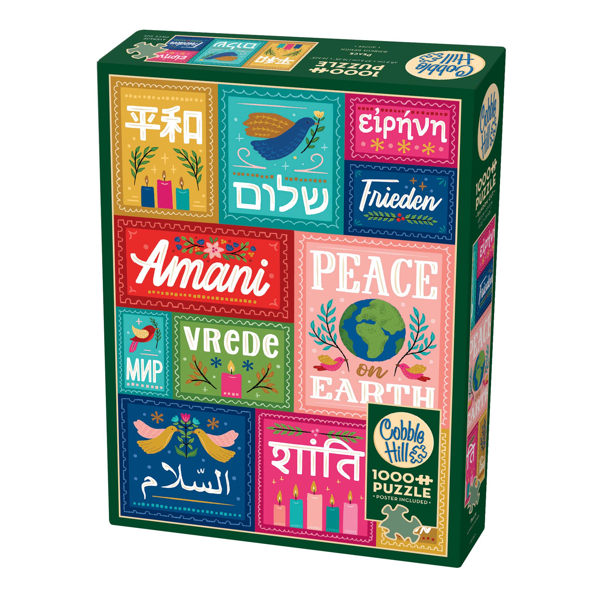 A puzzle box with the word 'PEACE' featured in various languages and symbols, indicating a multilingual and diverse theme.