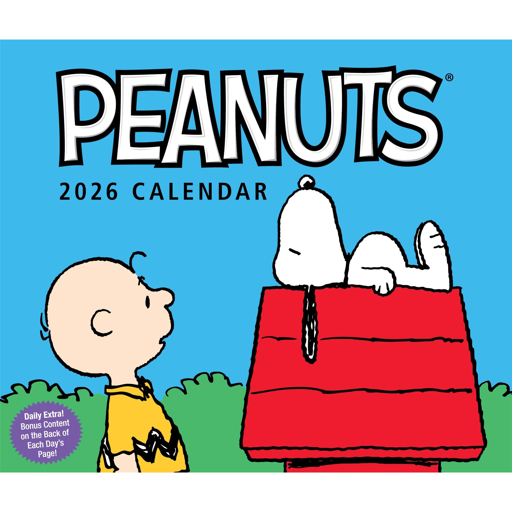 A Peanuts 2026 calendar cover featuring a color illustration of Charlie Brown and Snoopy with a 'Peanuts' text logo.