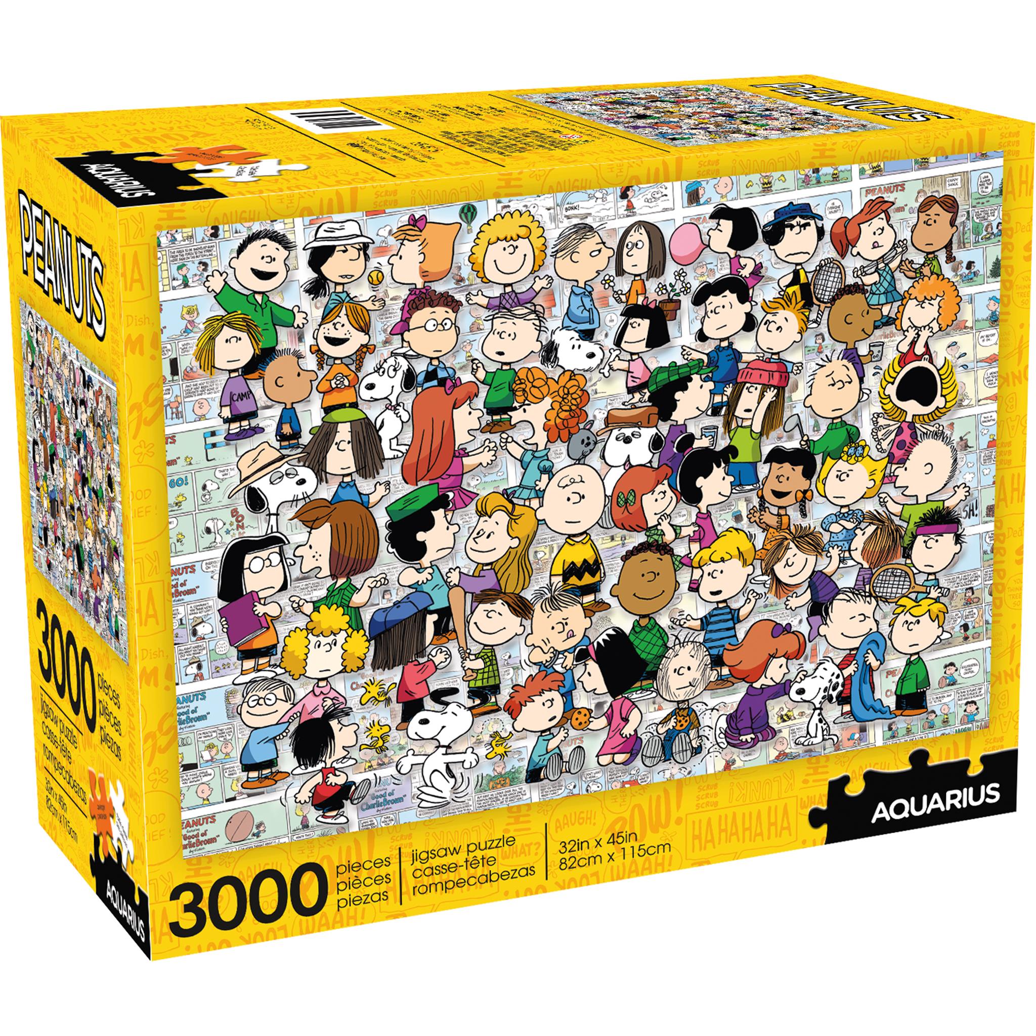 A 3000 piece Peanuts themed jigsaw puzzle box featuring cartoon characters.