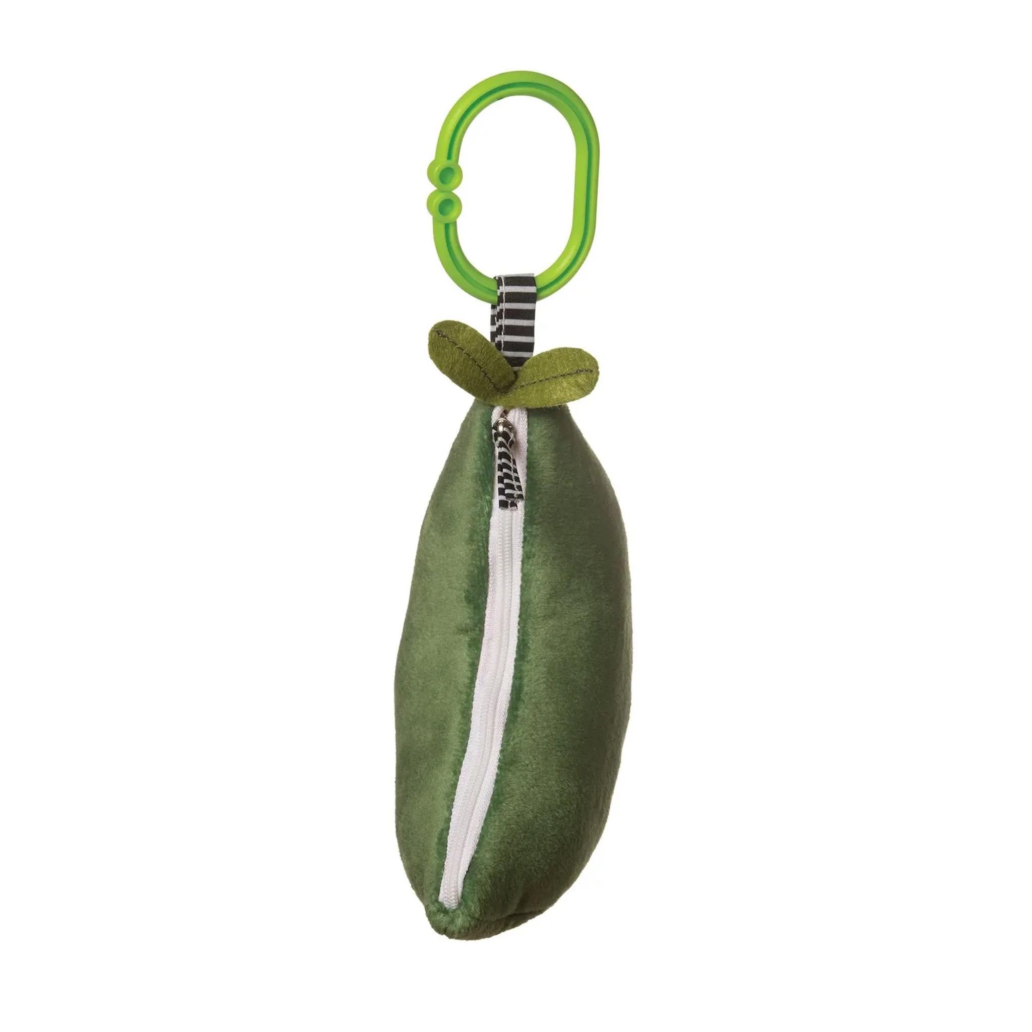 A green, plush pea pod travel toy with a zipper, attached to a green C-clip for strollers or bags.