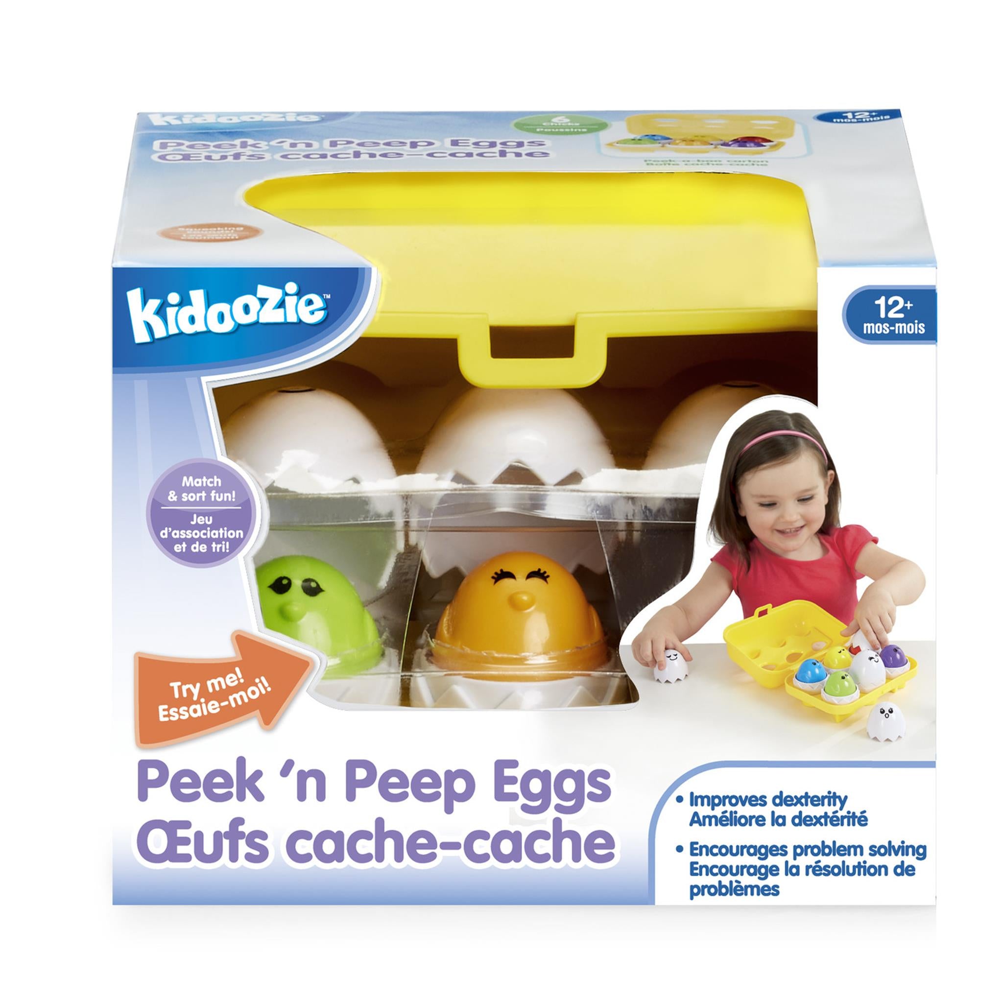 Packaging for Kidoozie Peek 'n Peep Eggs toy, featuring a yellow egg carton with six slots, three green and three yellow eggshell characters with cute faces, and a child playing with the toy.