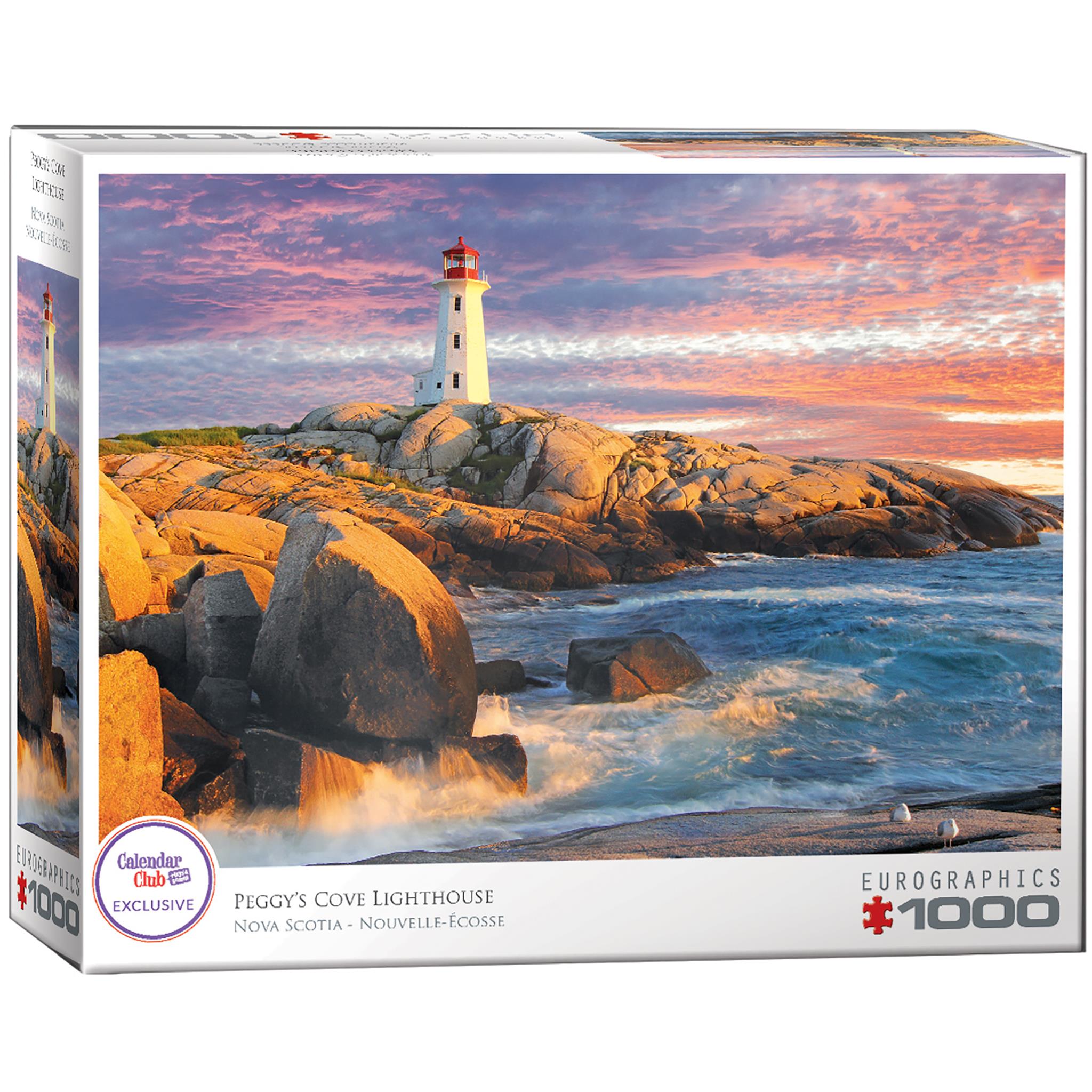 A 1000-piece jigsaw puzzle box featuring an image of Peggy's Cove Lighthouse in Nova Scotia with a scenic sunset background.