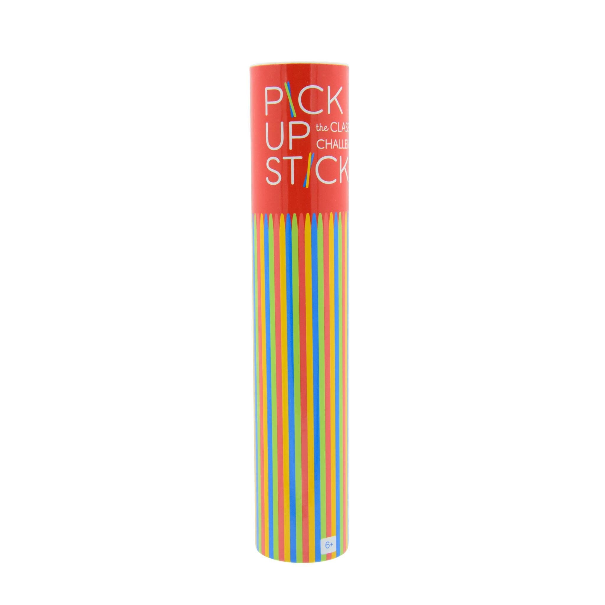 A cylindrical package of 'Pick Up Sticks' game with colorful stripes and the name of the game visible.