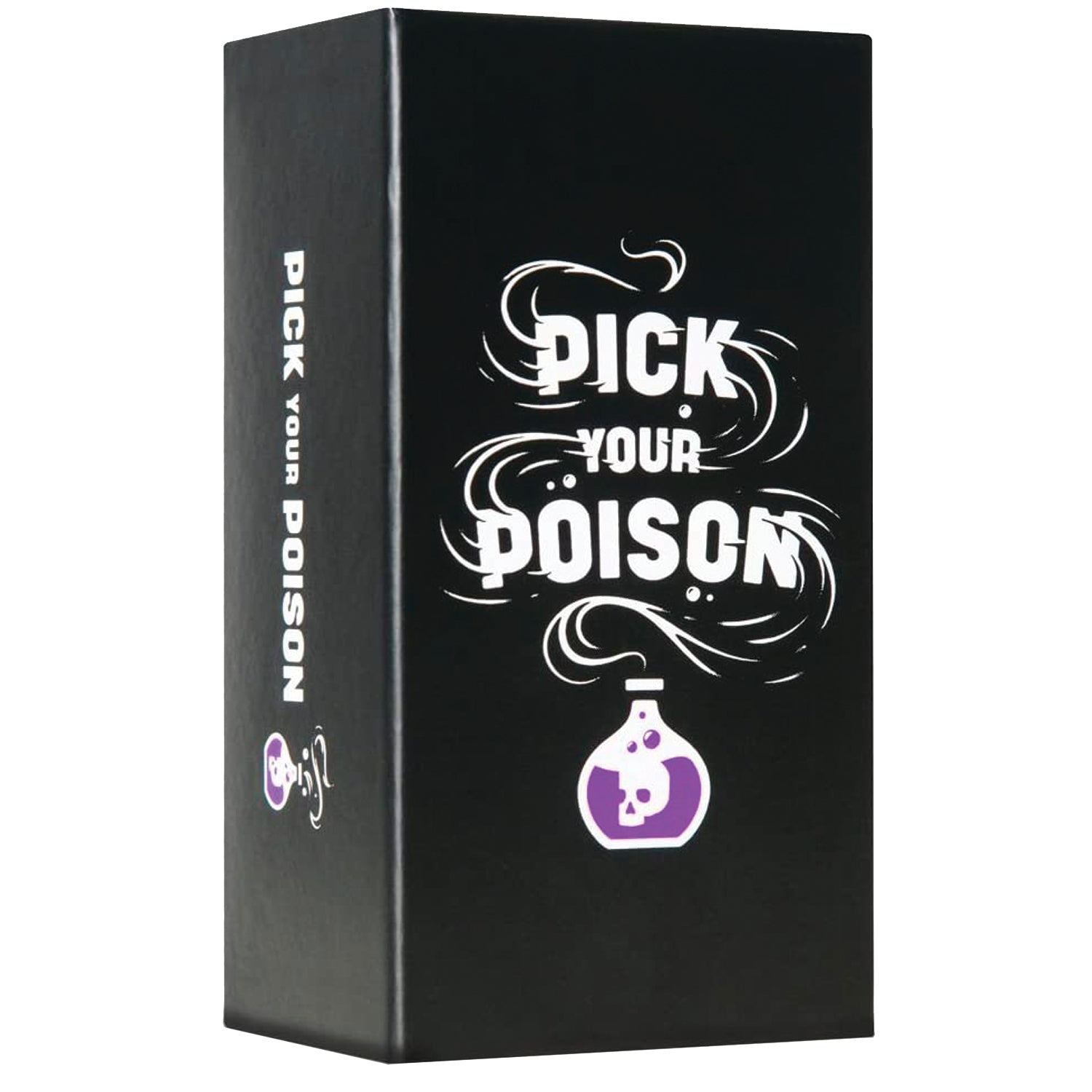 The image shows the packaging of a party game called 'Pick Your Poison'. The box is black with white and purple text and graphics, including a purple apple with a skull and crossbones symbol.