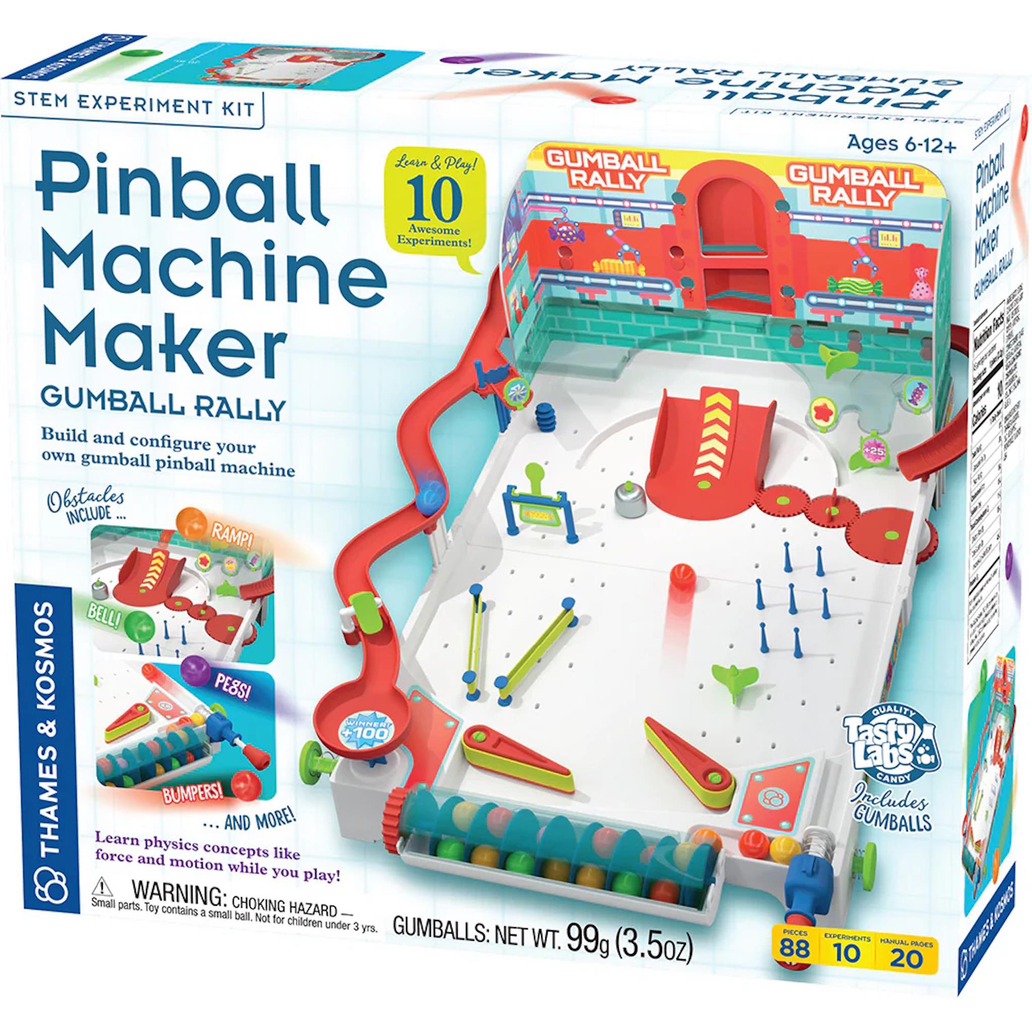 Box of the Pinball Machine Maker Gumball Rally kit by Thames and Kosmos, featuring images of the pinball machine with gumballs, bumpers, and flippers, and product information.
