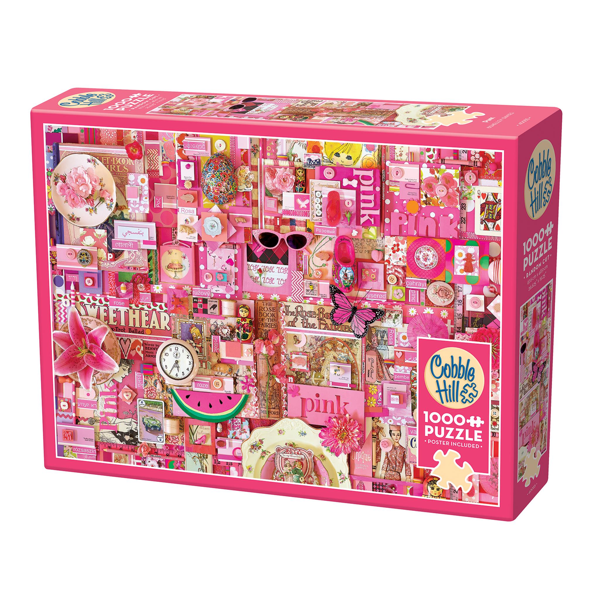 A 1000 piece Cobble Hill puzzle box featuring various pink objects and a collage of items like a clock, flowers, and sunglasses.