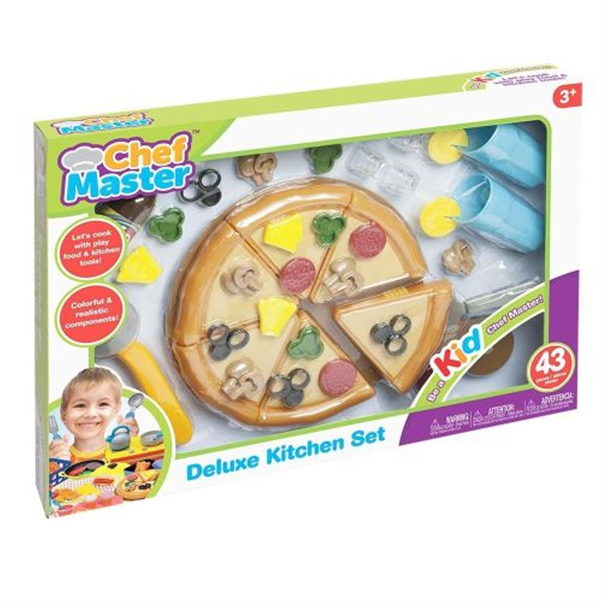 Packaged pizza play set with various toppings, a pizza cutter, and a serving platter, labeled as 43 pieces and suitable for ages 3+.