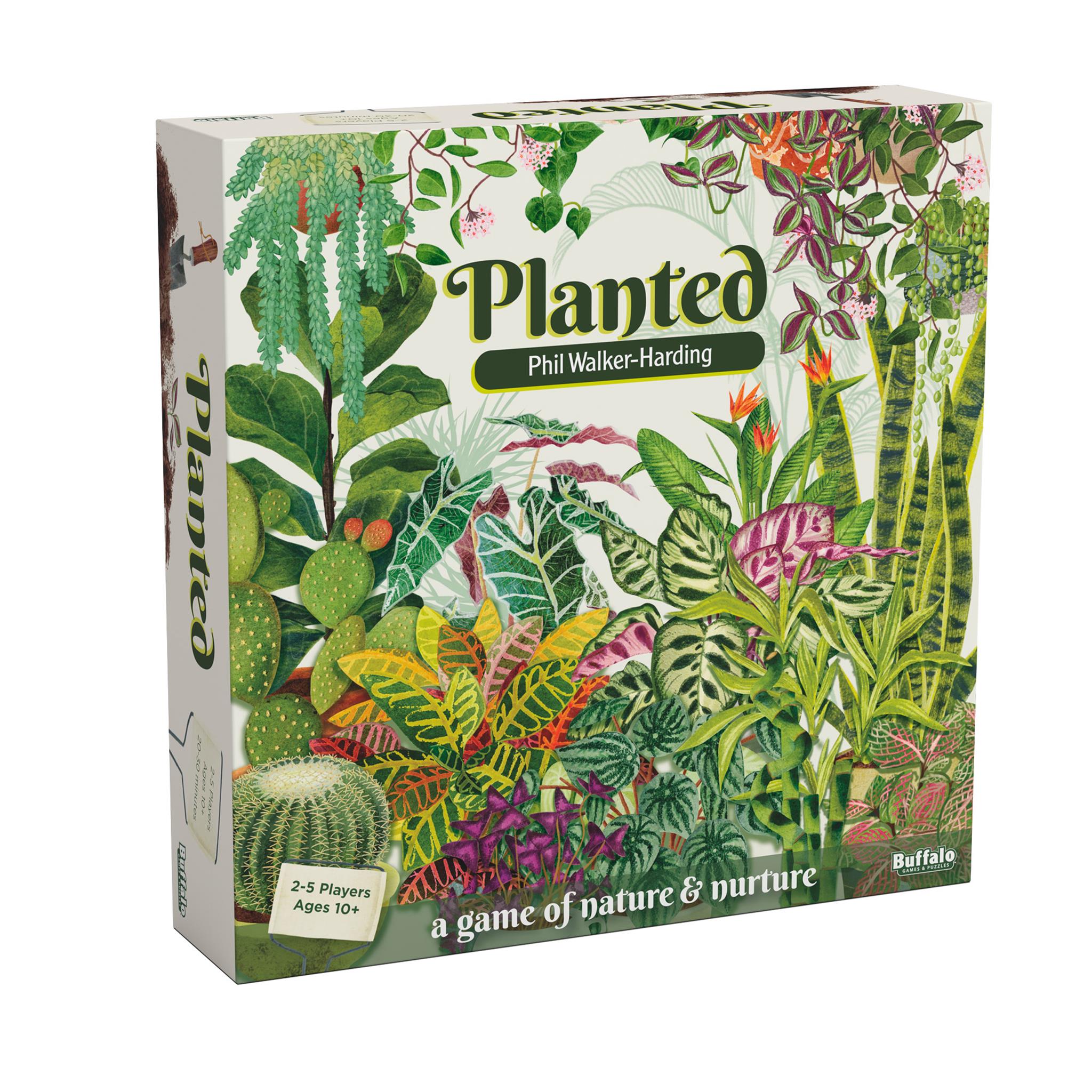 Board game box cover for 'Planted', featuring illustrations of various houseplants and the game's title.