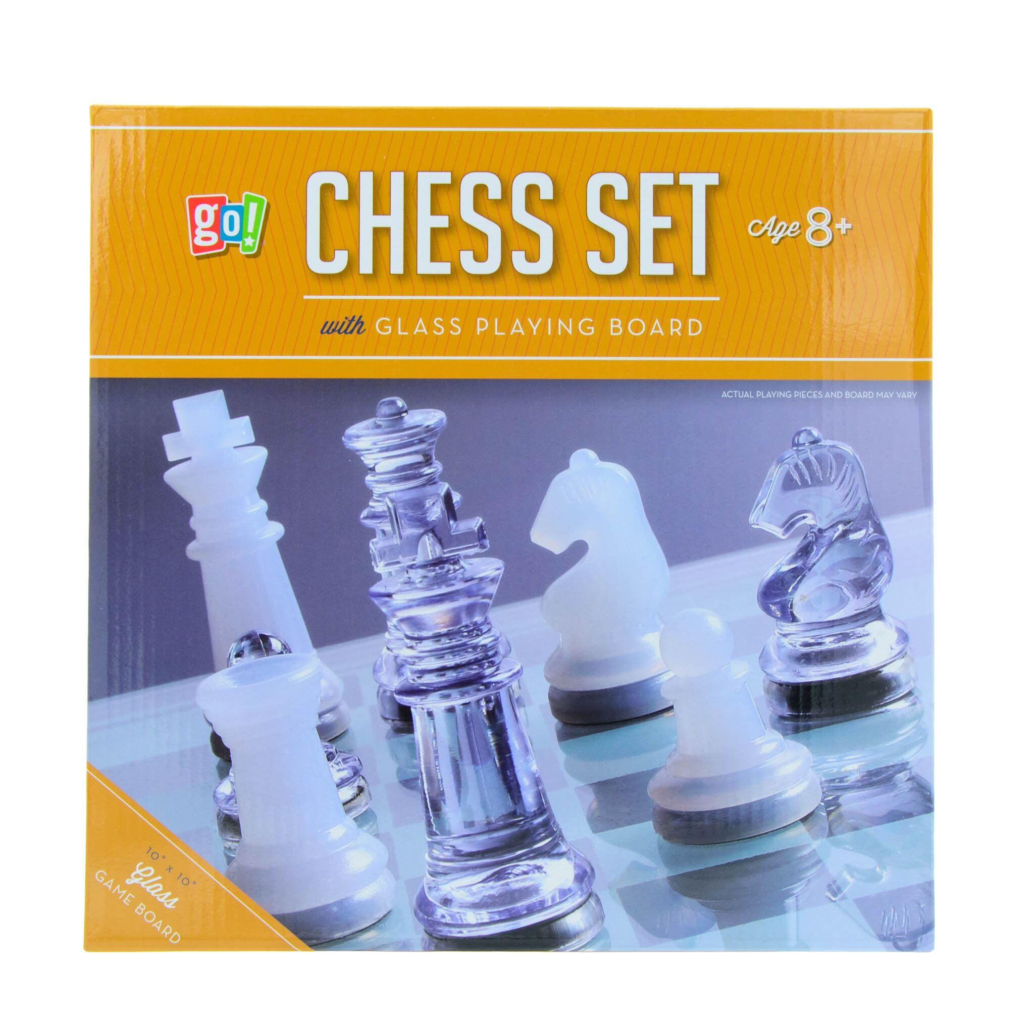 Packaging for a Plastic Chess Set with Glass Chessboard by Go! Games, featuring chess pieces on a clear glass board.
