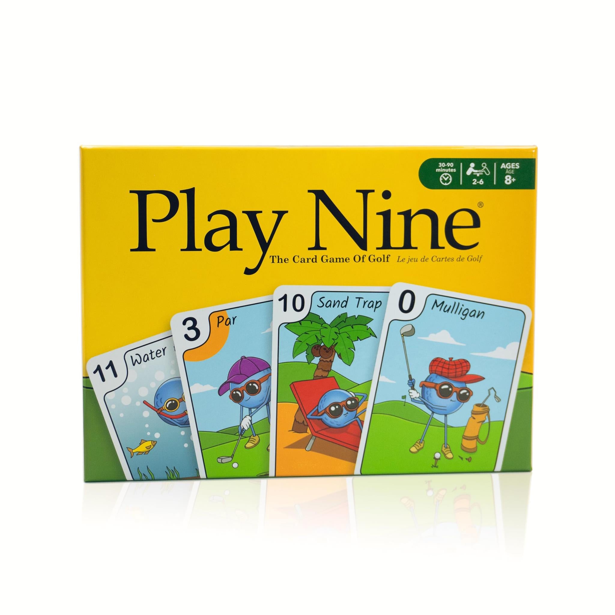Cards have cartoon golf balls with golf related personalities like Mulligan, Sand Trap, Par etc. On a yellow sky and golf scape background with the name Play Nine: The Card Game of Gold. Made for 2-6 players aged 8 and over with gameplay lasting 30-90 minutes.
