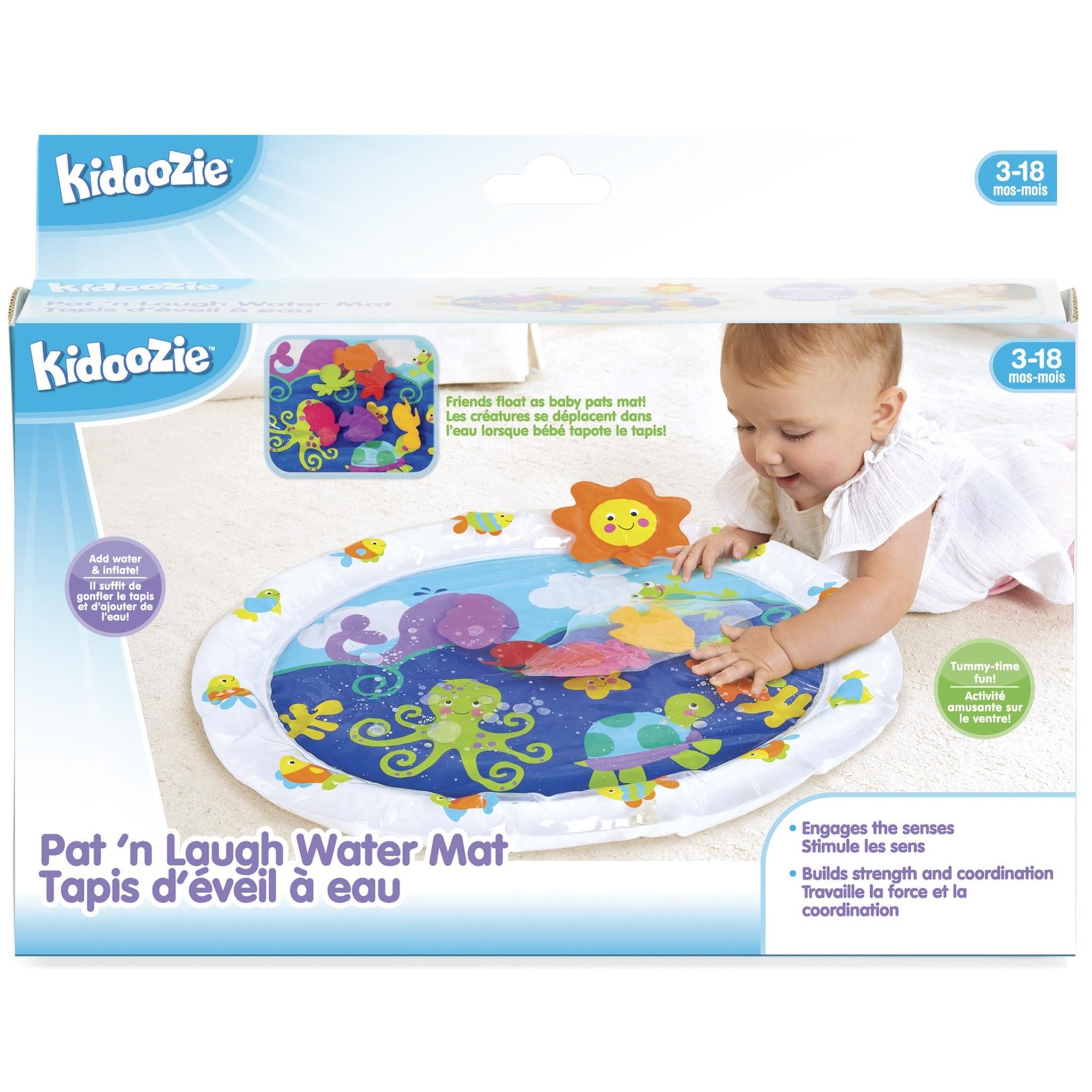 Packaging for the Kidoozie Play n Pat Watermat featuring the product with a child playing on it, and details of the mat being suitable for 3-18 months.