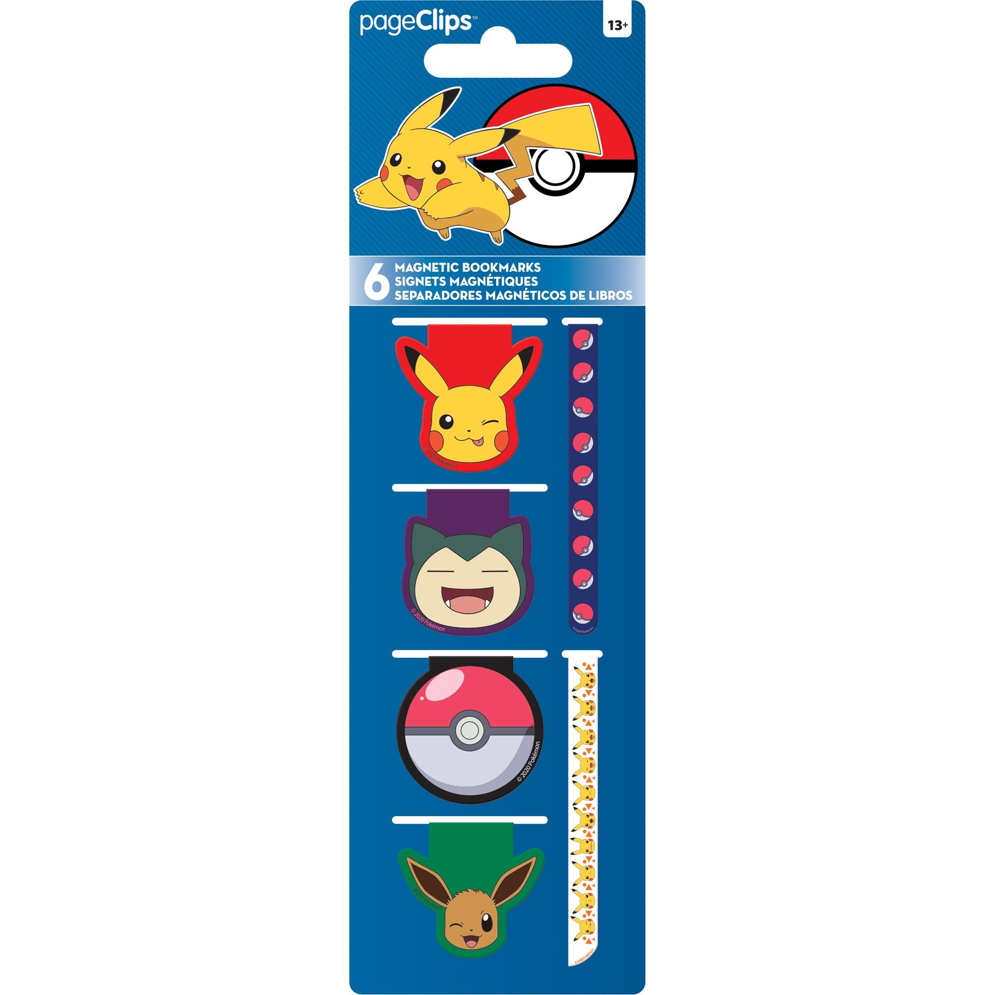 A package of six magnetic page clips featuring various Pokemon characters including Pikachu, Charmander, and others from the Pokemon series.