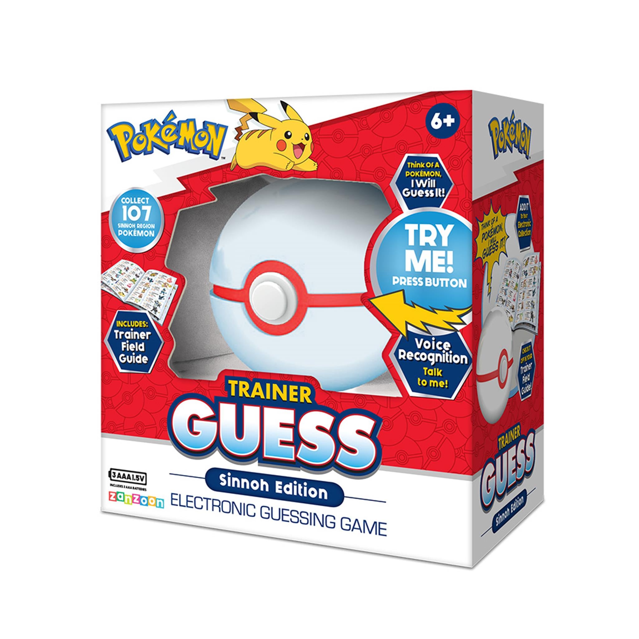 Box of 'Pokémon Trainer electronic guessing game featuring Pokémon characters with red and white colors and a Pokémon ball design.