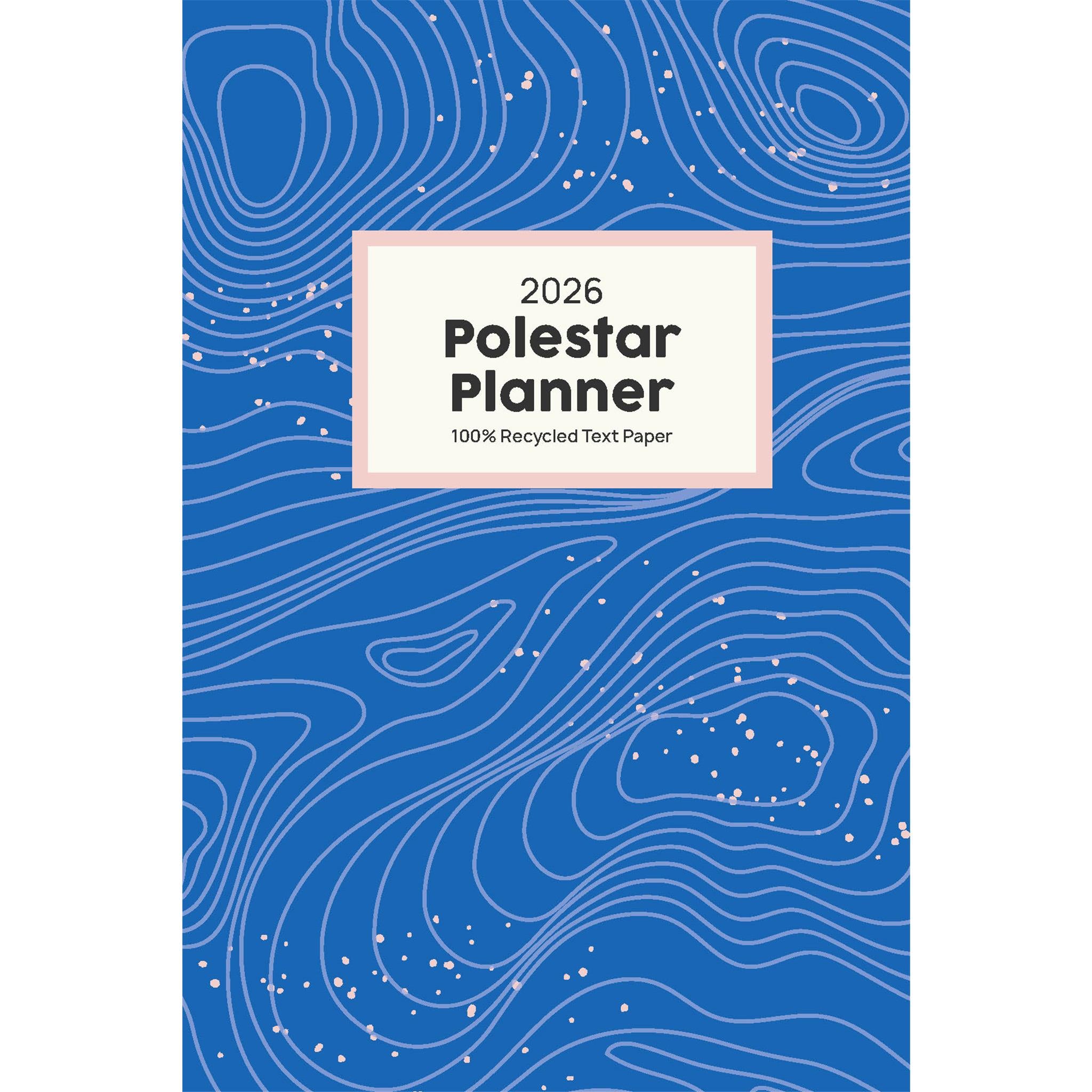 2026 Polestar Planner engagement calendar cover with a blue background featuring white line map contours and a label with the brand and year.