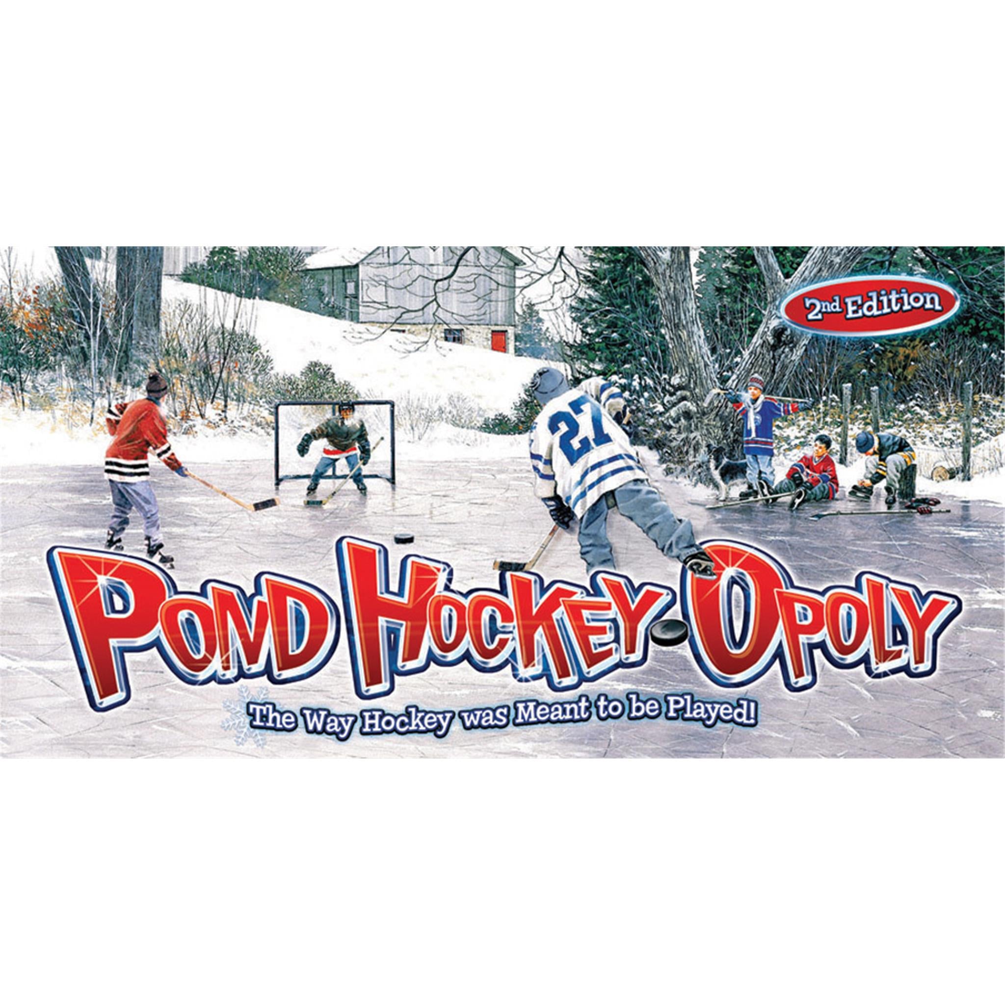 Board game cover for Pond Hockey Opoly 2nd Edition featuring illustrated scenes of people playing hockey on a frozen pond.