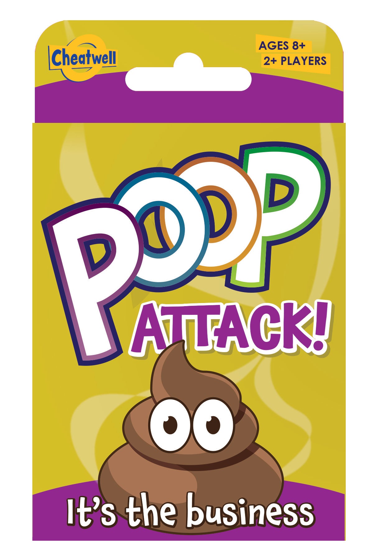 The image displays the packaging of the "Poop Attack!" board game, which features a playful design with a large, cartoon-style poop emoji in the center. The background is bright yellow, and the text on the packaging is vibrant, with the game's title in large, bold lettering at the top.