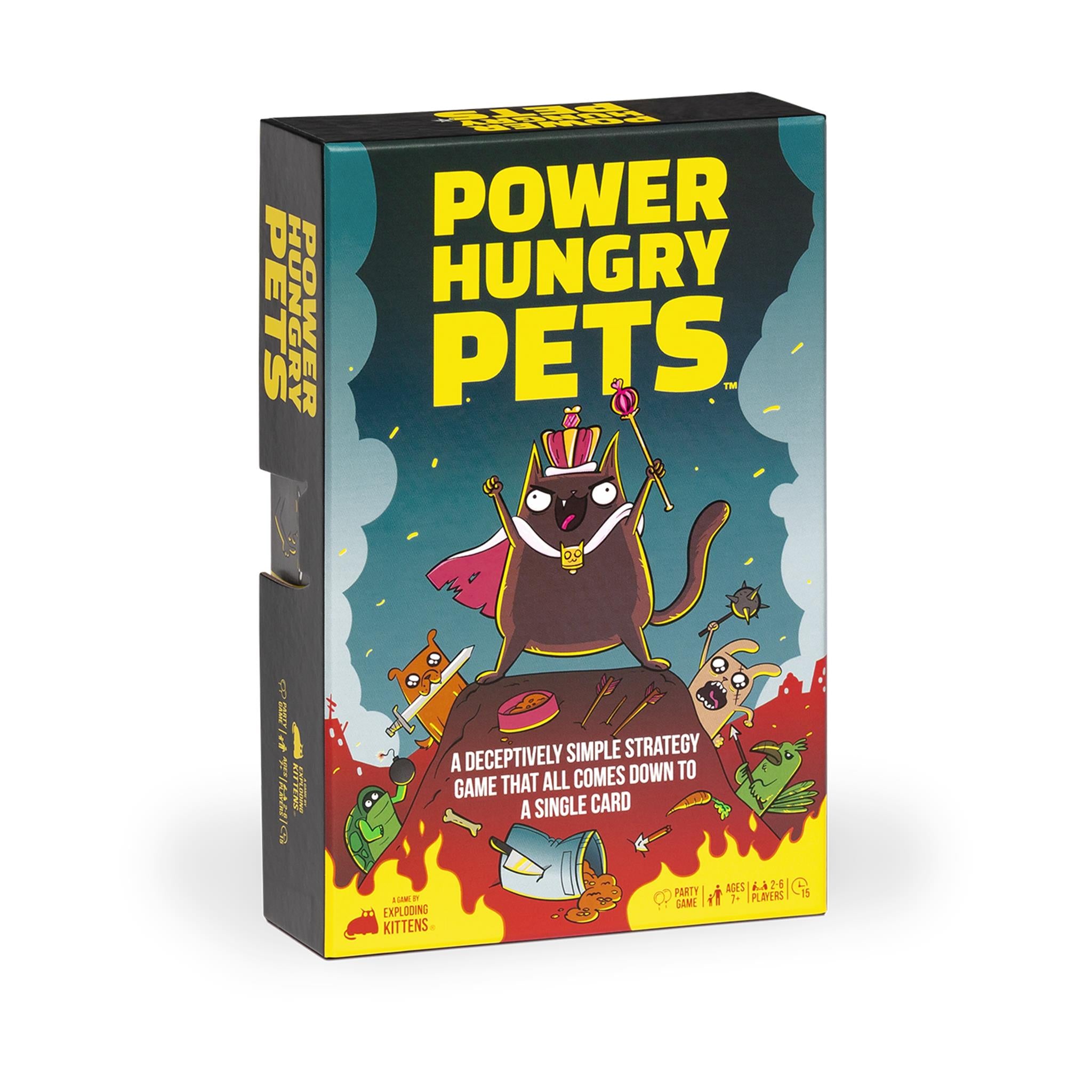 The image shows the packaging of the board game 'Power Hungry Pets'. The cover features illustrated characters, including a cat wearing a crown and a cartoonish depiction of a dog with a book.