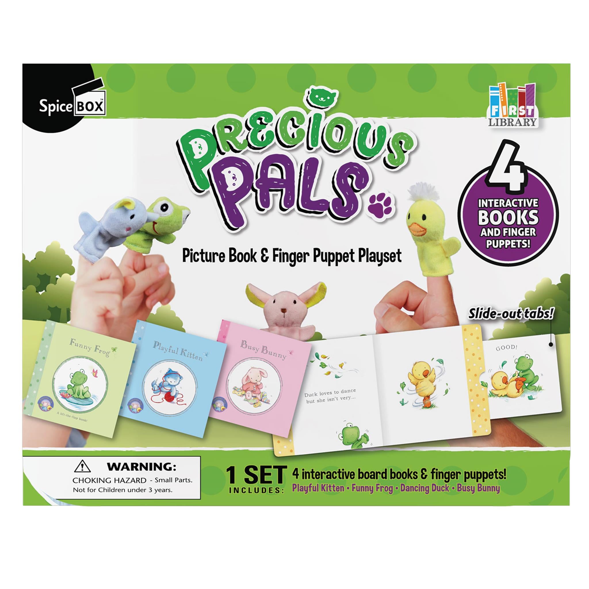 Packaging for Precious Pals Picture Book & Finger Puppet Playset showing four board books with colorful animal character illustrations and matching finger puppets.