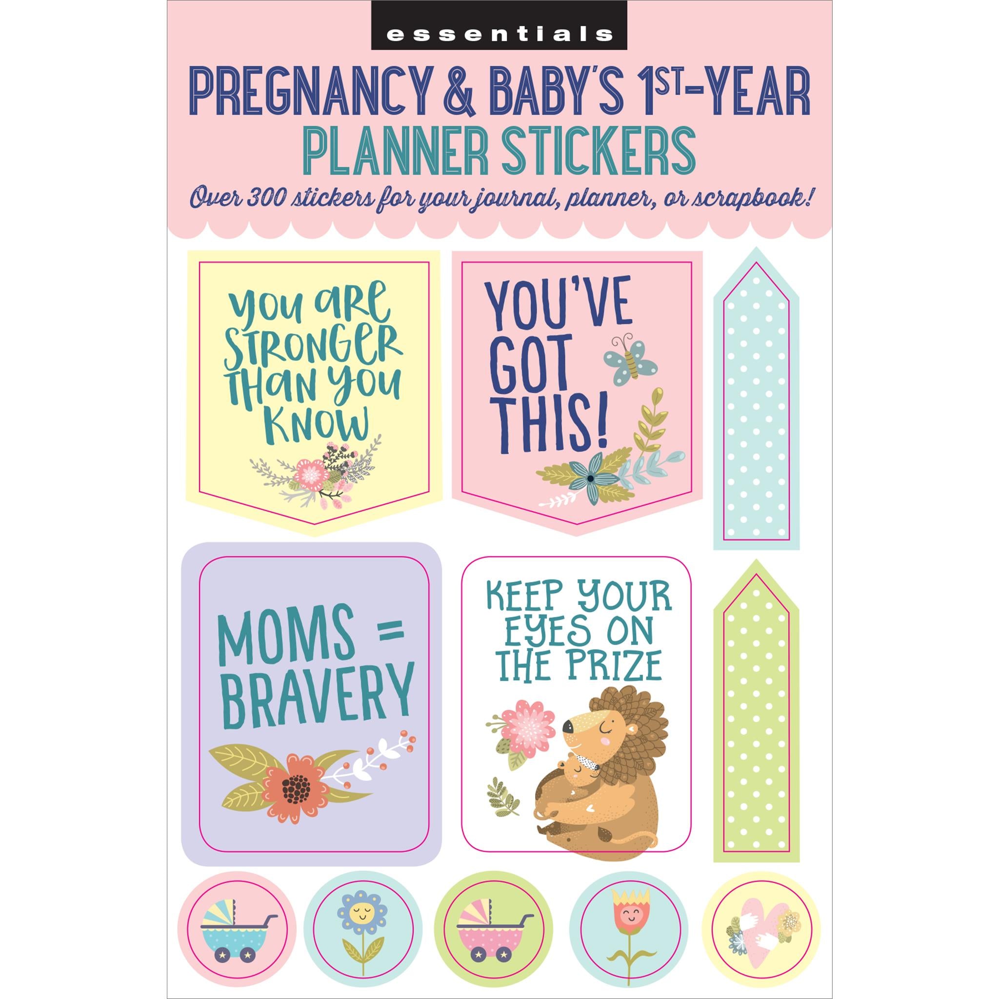 A pack of pregnancy and baby's first year planner stickers with various designs, including motivational phrases, milestone stickers, and adorable illustrations.