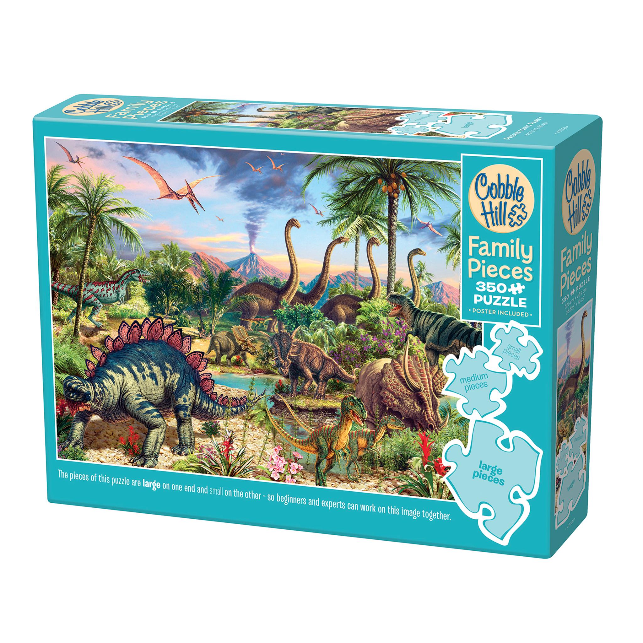 A puzzle box featuring an illustration of various dinosaurs in a prehistoric landscape with a volcano in the background. The box indicates it is a 350 piece 'Family Pieces' puzzle by Cobble Hill.