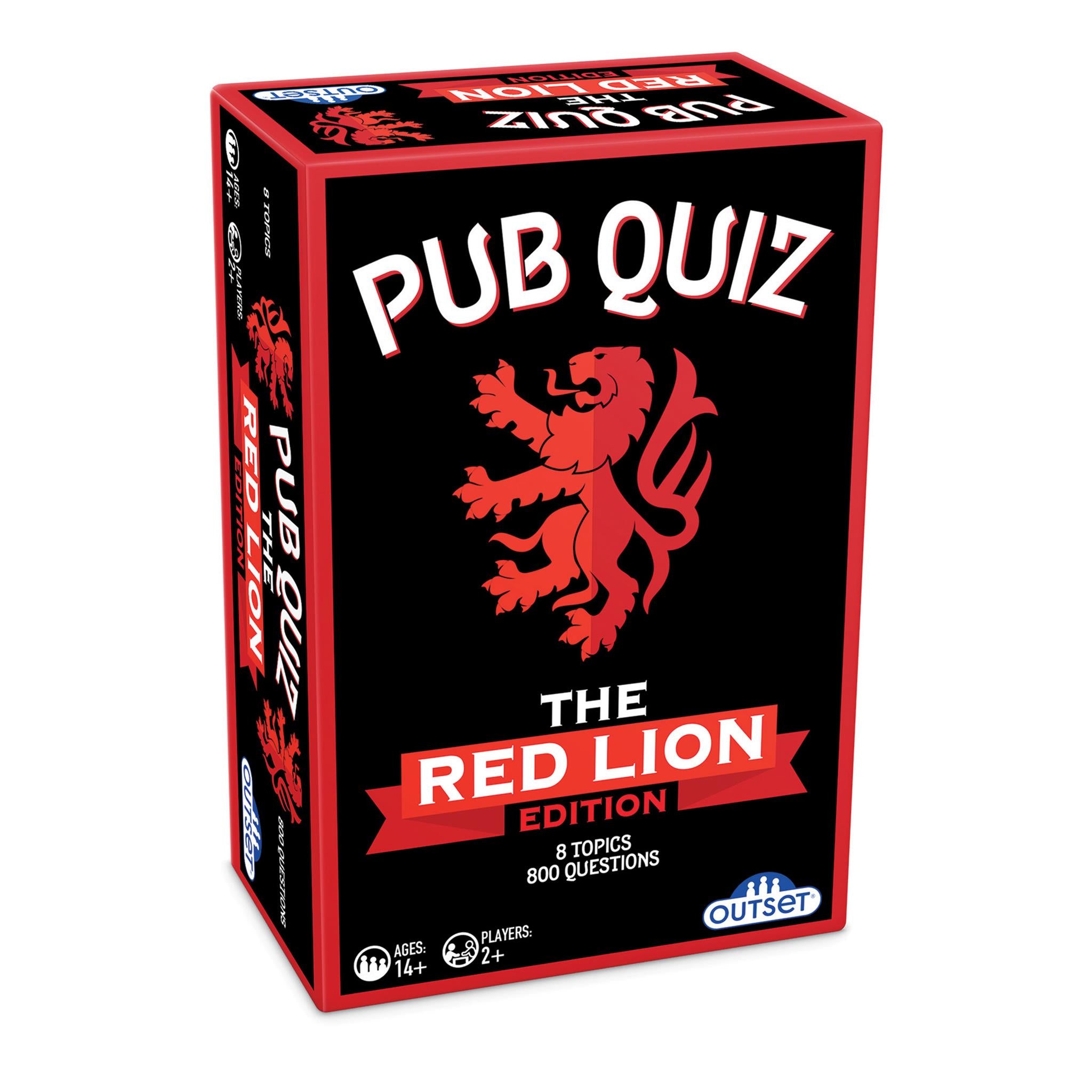 Game box cover for 'Pub Quiz: The Red Lion Edition' featuring a red lion on a black background with red accents and text.