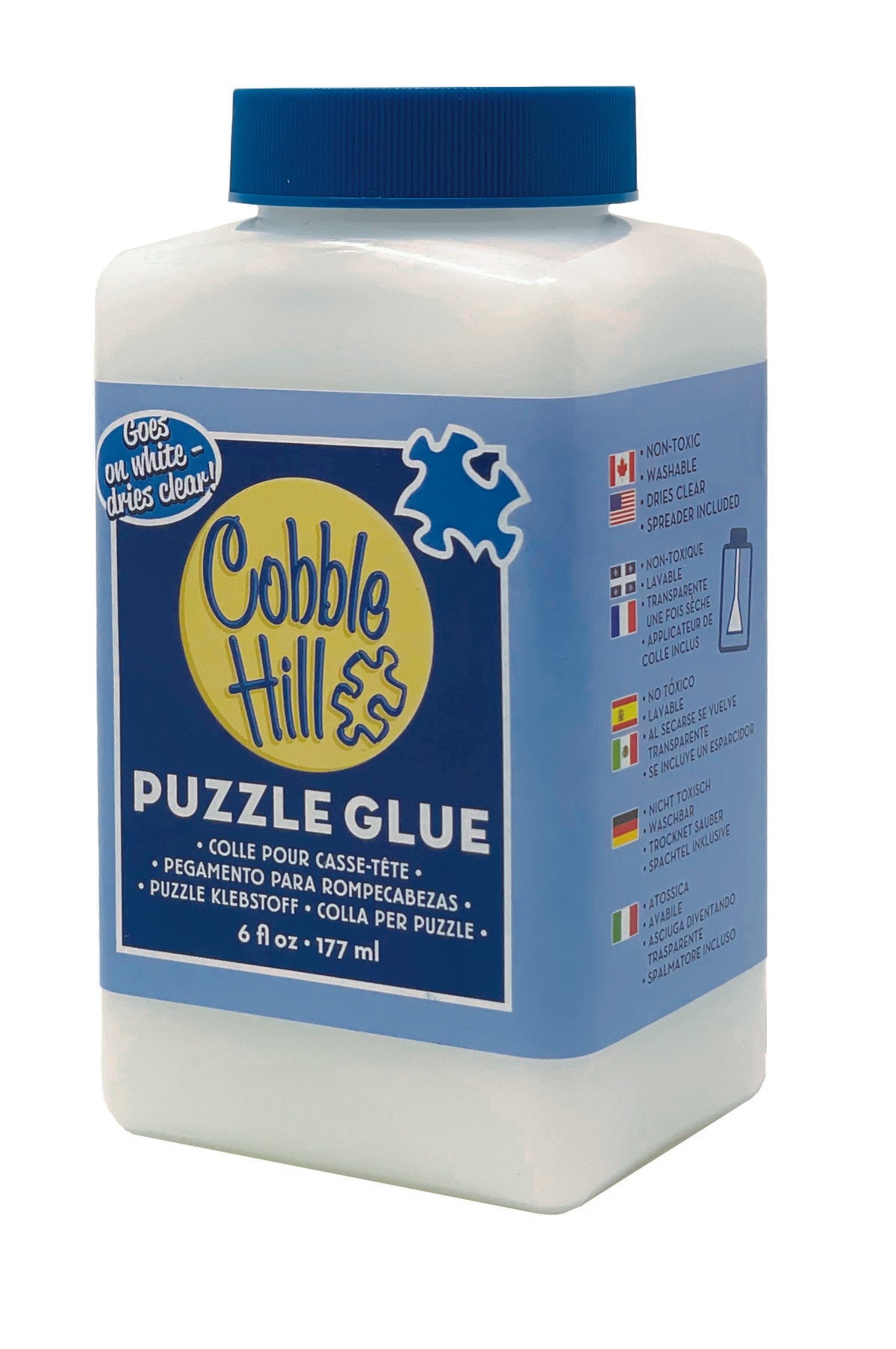 A 6oz bottle of Cobble Hill Puzzle Glue with a label featuring the product name and an image of a puzzle piece.