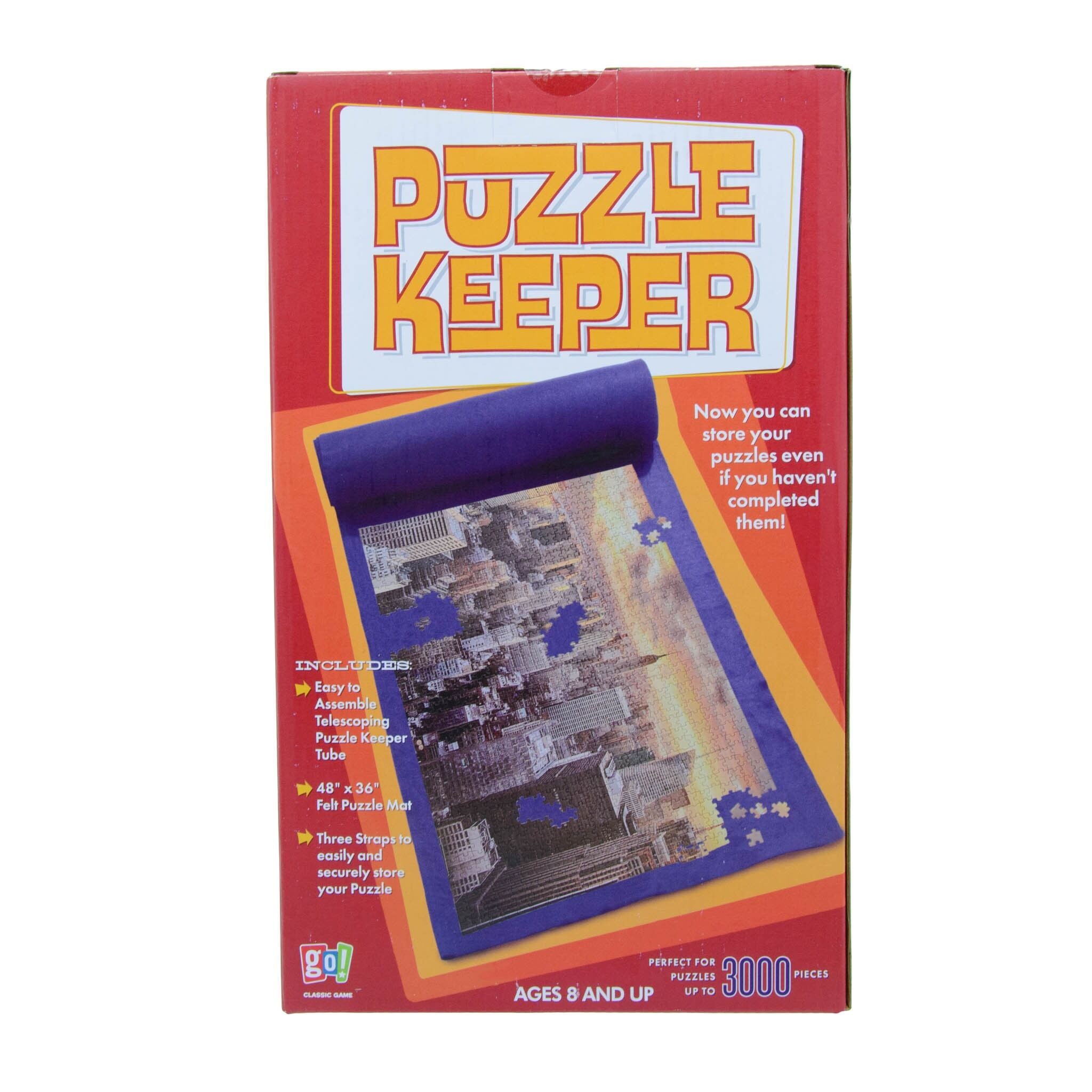 Packaging for the Puzzle Keeper storage solution showing the product and completed puzzle on the front.