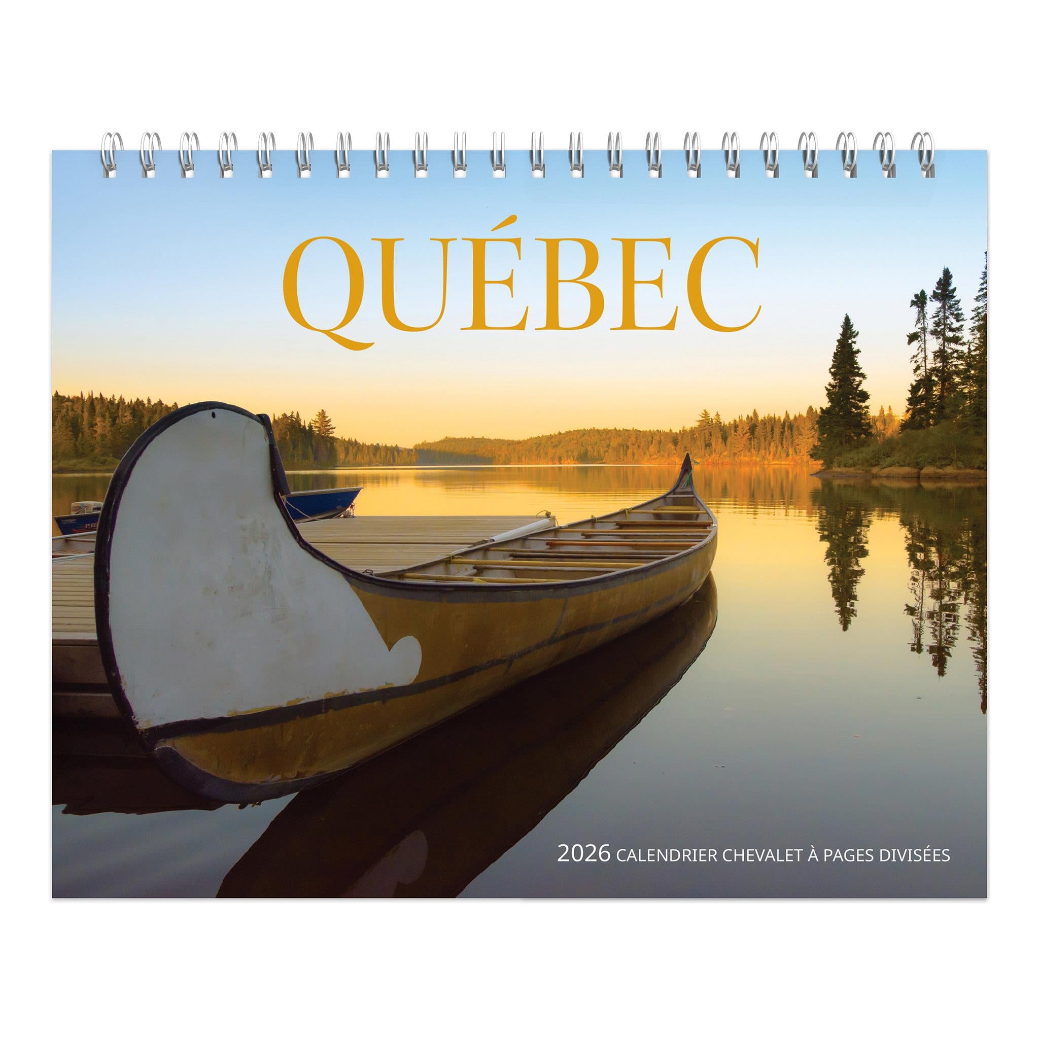 A easel calendar for 2026 with a view of a canoe on a calm water body, under a sunset, with the text 'QUÉBEC' on the top. French format