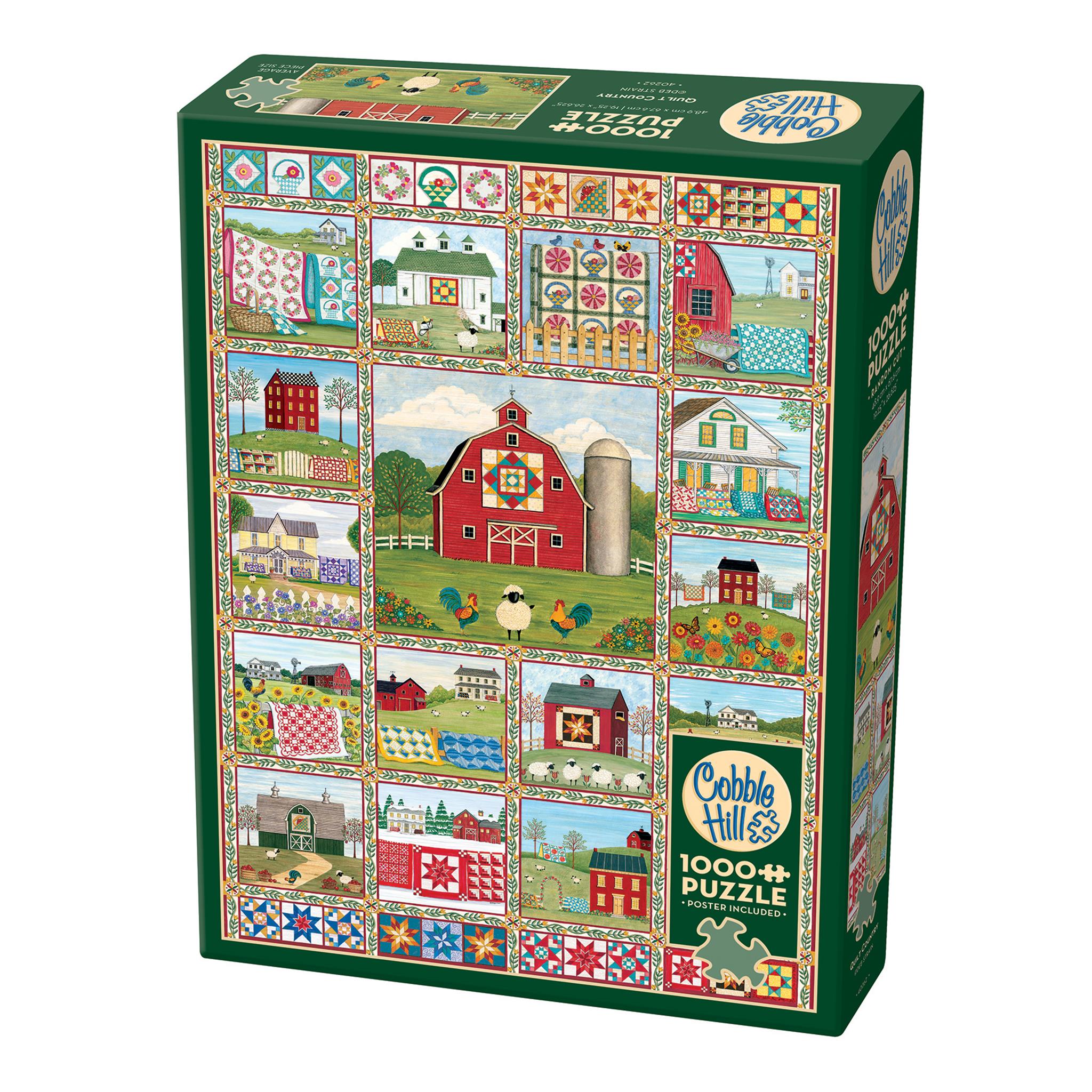 A 1000 piece Cobble Hill jigsaw puzzle box featuring various colorful quilt and barn scenes.
