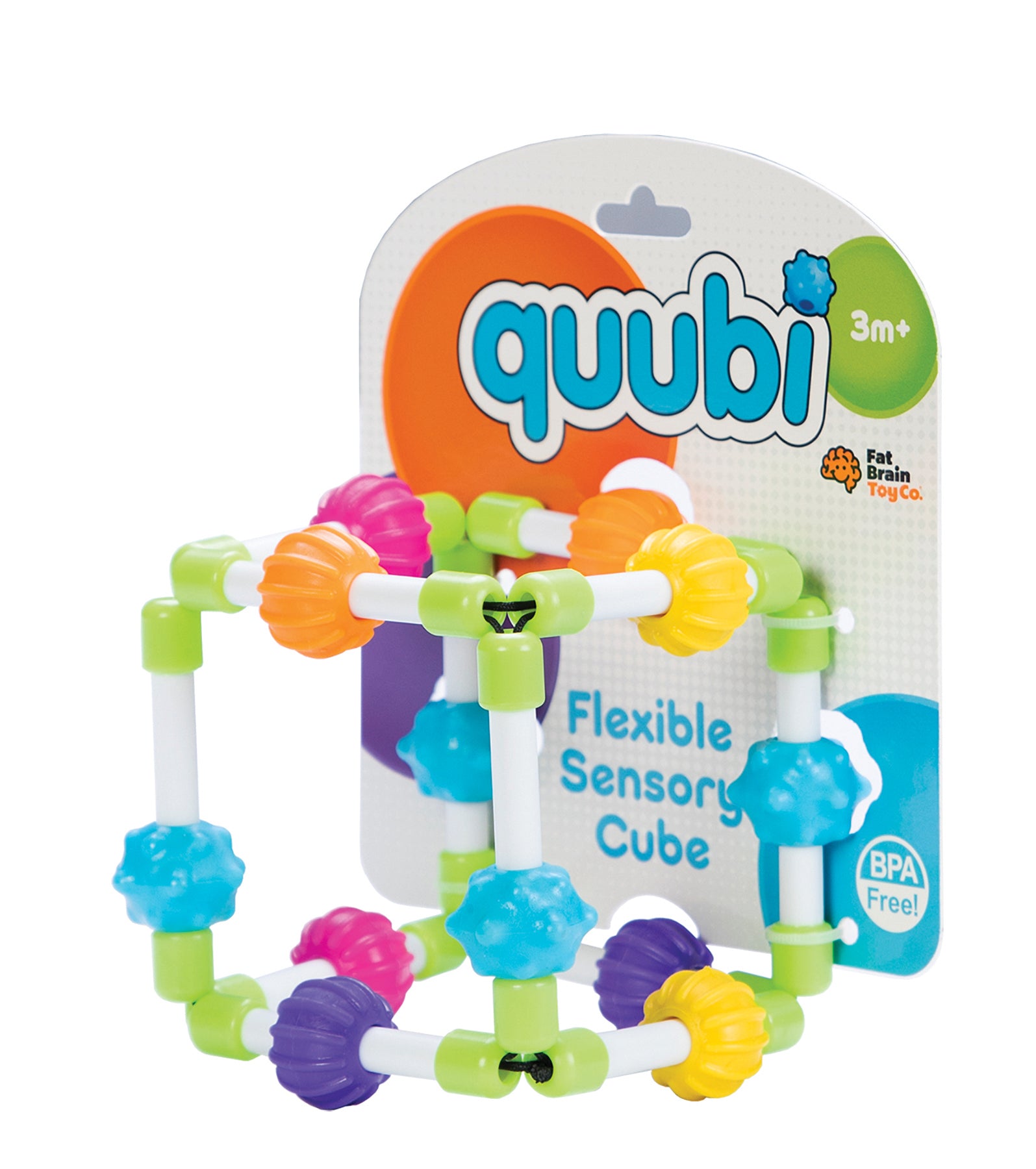 A colorful Quubi flexible sensory cube toy with elastic bands and rubbery textured beads, packaged in a card with '3m+' indicating suitable age group.