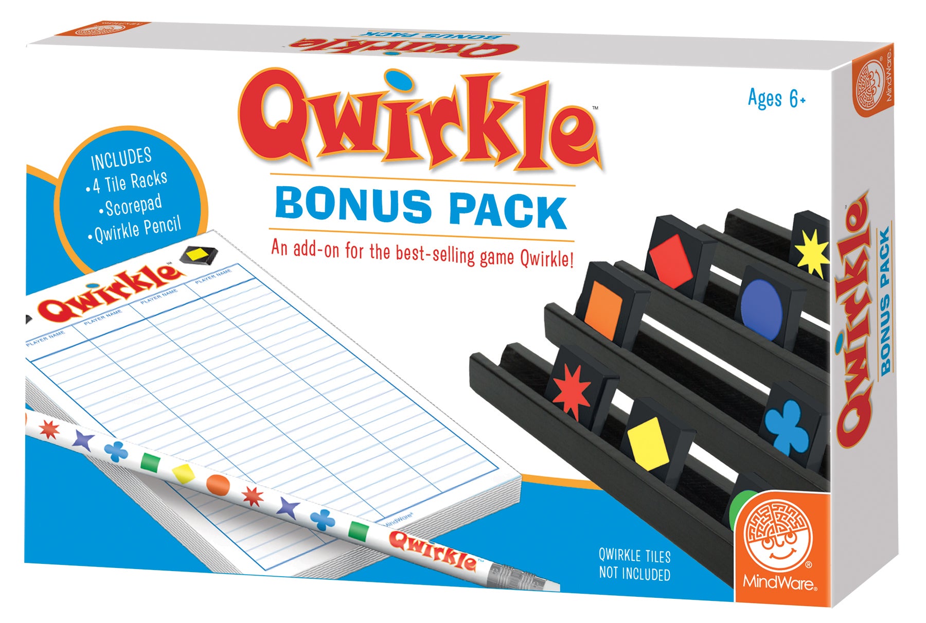 The image shows a Qwirkle Bonus Pack box, featuring the game's name, an illustration of game components like tiles, racks, and the score pad, along with the age recommendation and the MindWare publisher logo.