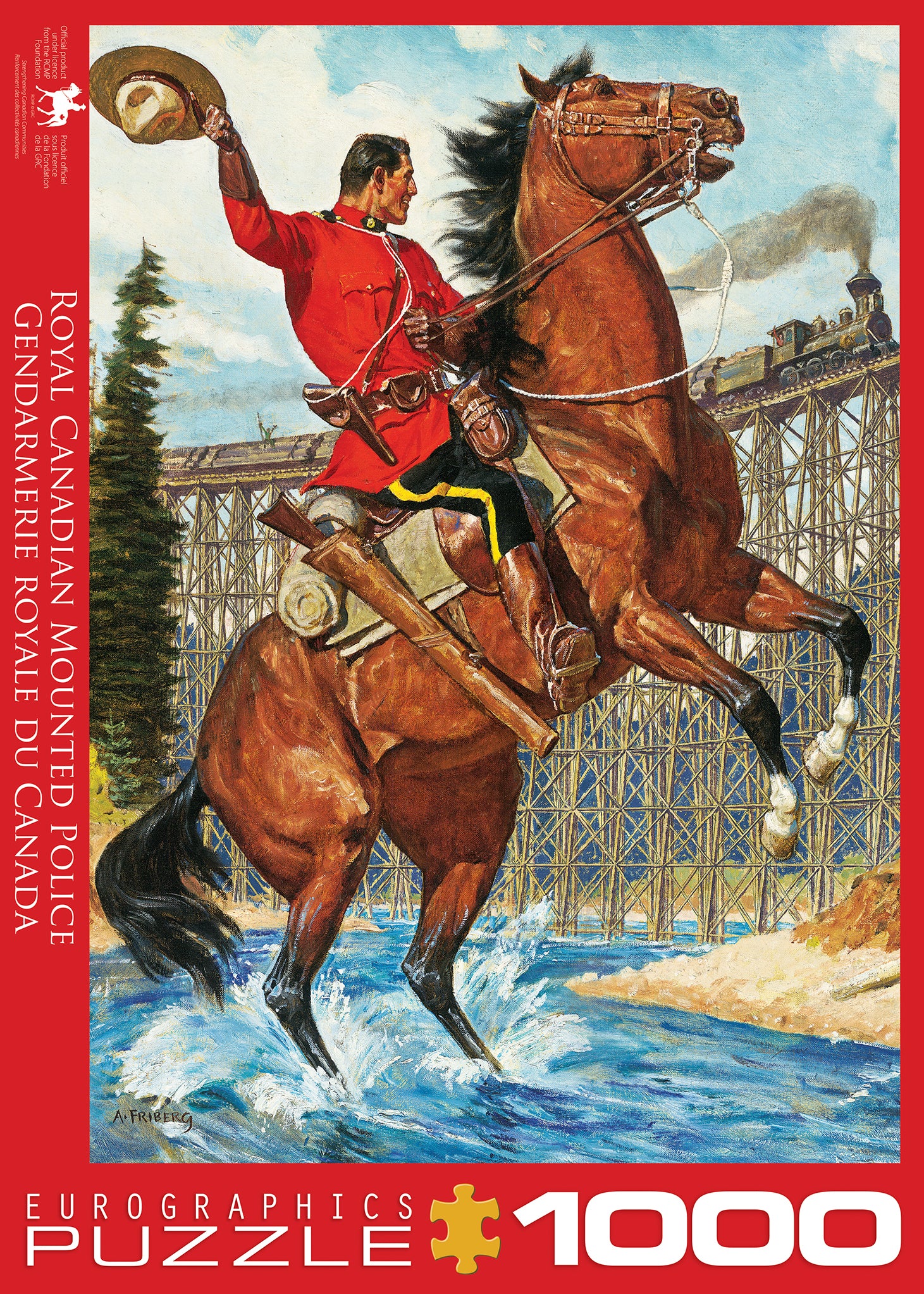 A 1000-piece EuroGraphics puzzle box featuring an illustration of a person saluting on a horse, with the Royal Canadian Mounted Police uniform depicted.