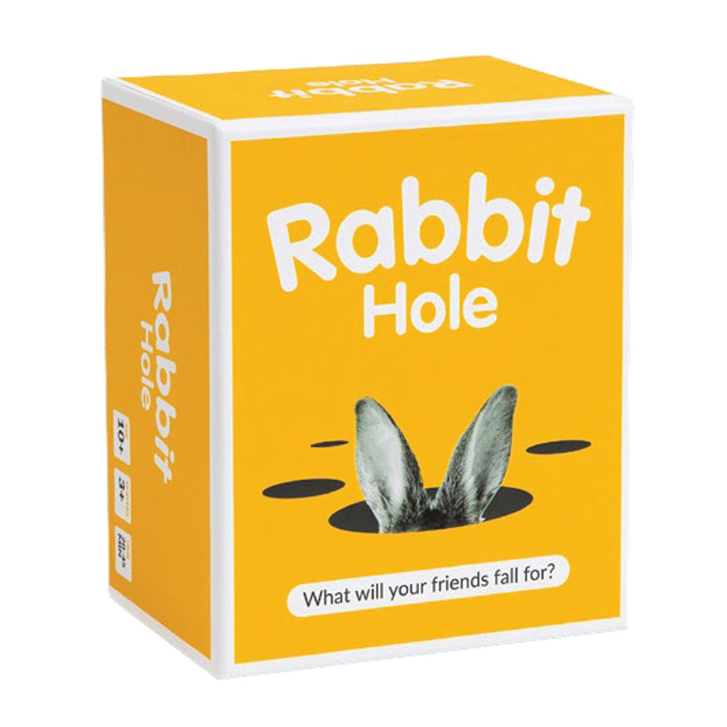 The image shows the packaging of the party game 'Rabbit Hole'. The box is yellow with the title 'Rabbit Hole' at the top and a graphic of a rabbit's ears peeking out of a hole in the center.