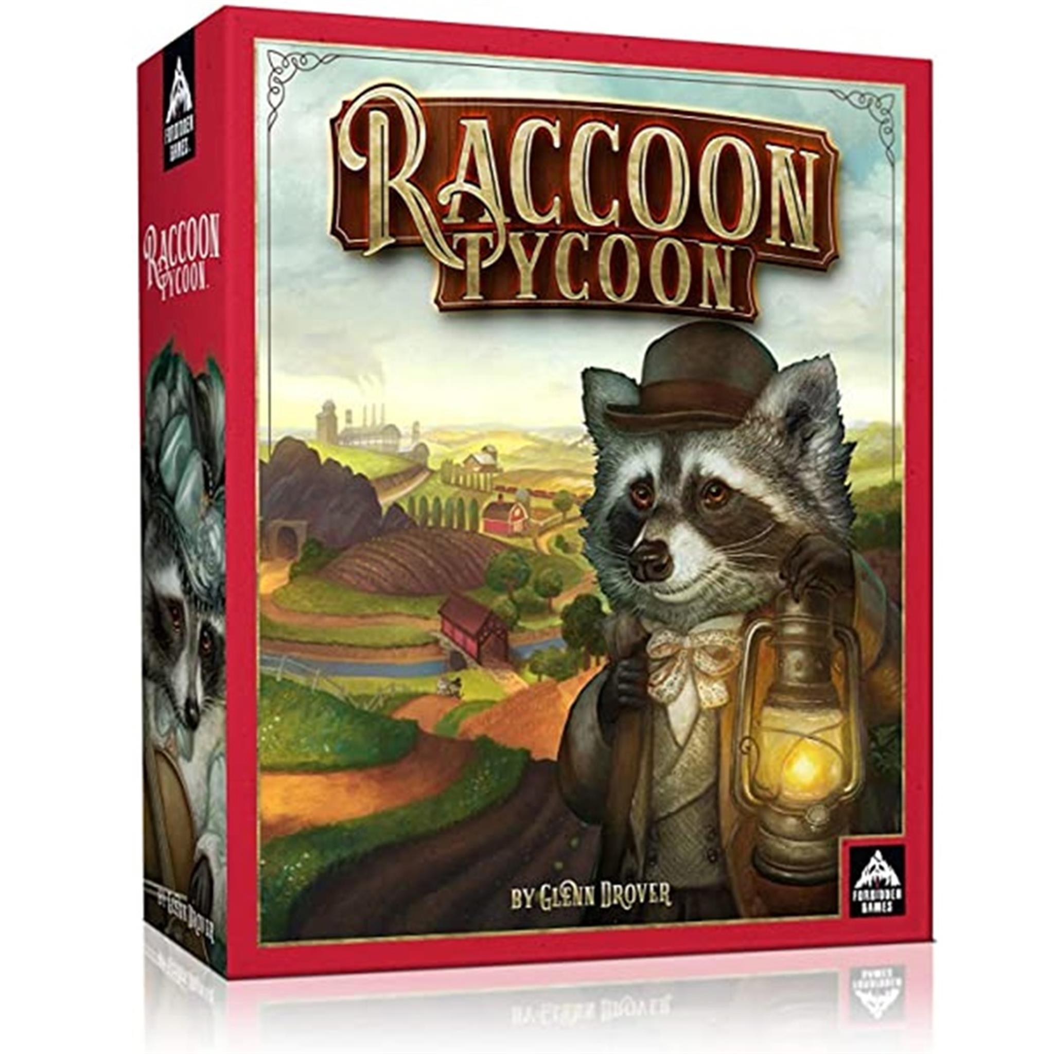 Board game box cover for Raccoon Tycoon, featuring an illustration of a raccoon character with a hat and monocle, in front of a rural town backdrop.