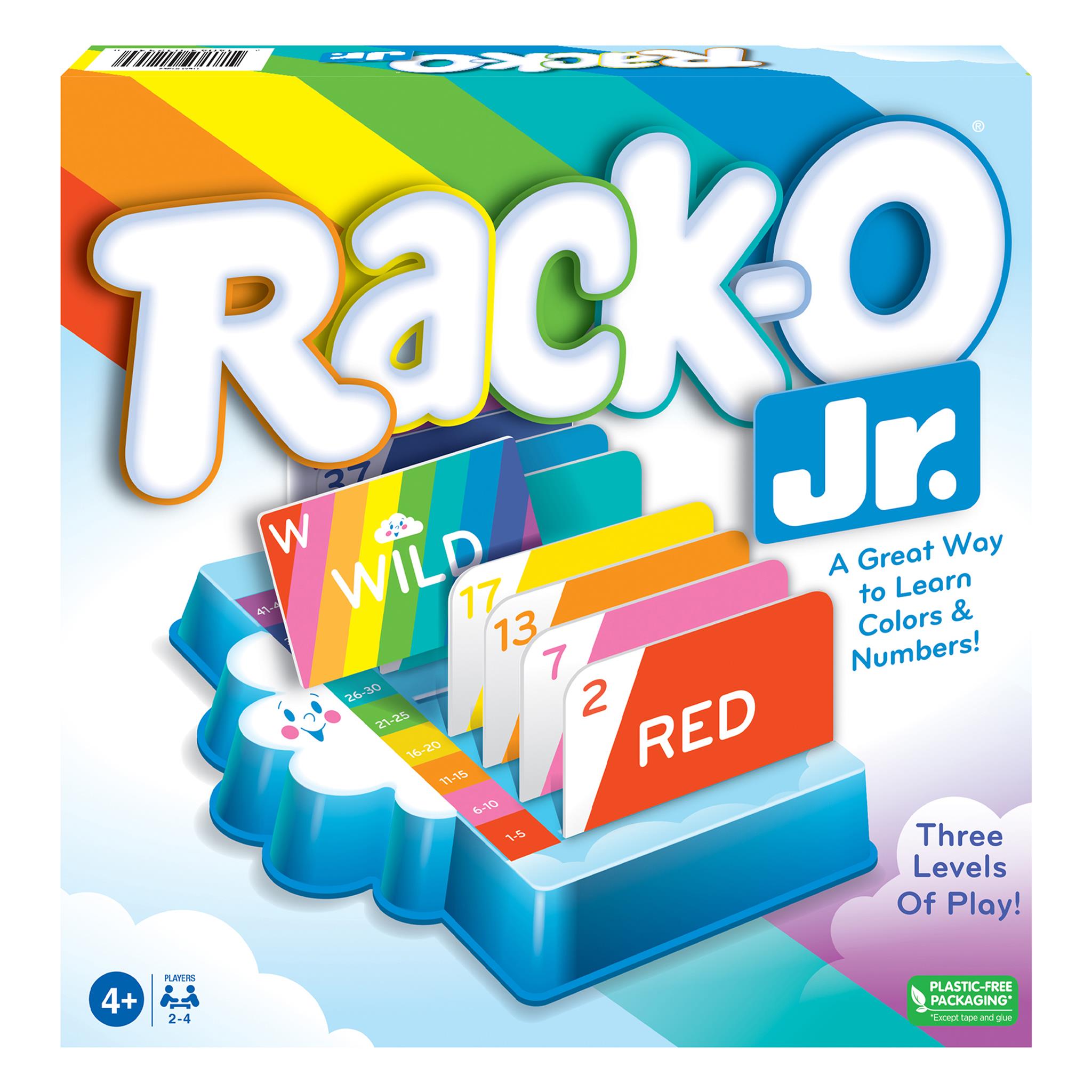 The image shows the packaging of Rack-O Junior, featuring the game's colorful design with rainbow-colored racks and cards, and the text 'A Great Way to Learn Colors & Numbers! Three Levels of Play!'.