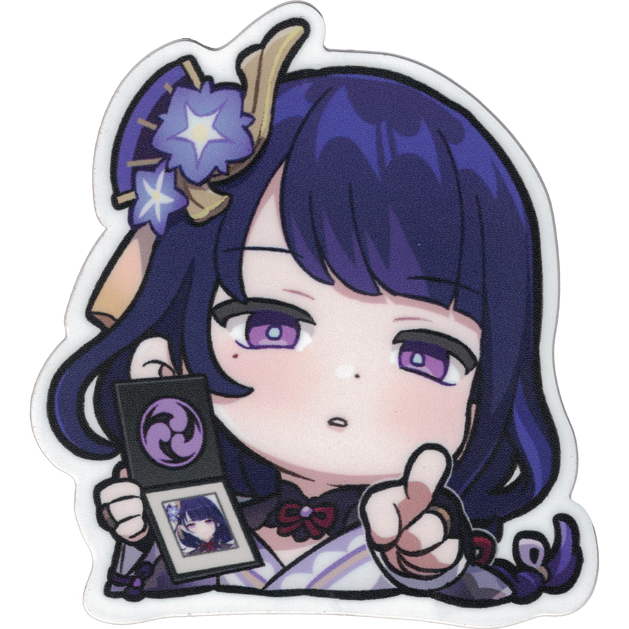 A vinyl sticker featuring an anime character with black hair and purple eyes, holding a camera.
