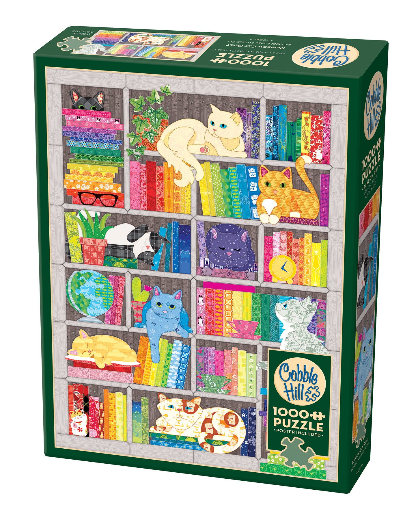 A 1000 piece Cobble Hill jigsaw puzzle box featuring a colorful illustration of various cats in a bookshelf setting.